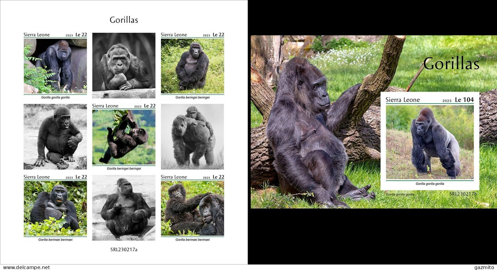 Sierra Leone 2023, Animals, Gorillas, 6val In BF +BF IMPERFORATED - Gorilla's
