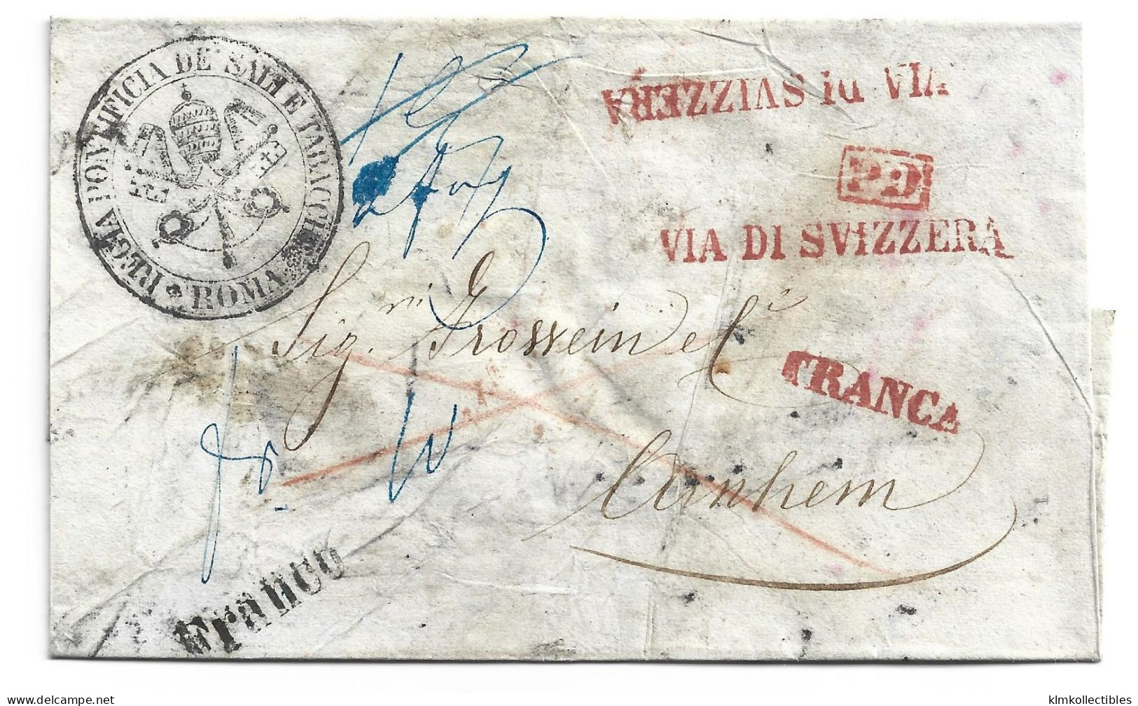 ITALY ITALIA - 1857 STAMPLESS LETTER TO NETHERLANDS - ROMA VIA SWITZERLAND TO ARNHEM - VIA DI SVIZERRA FRANCA FRANCO PD - Zonder Classificatie