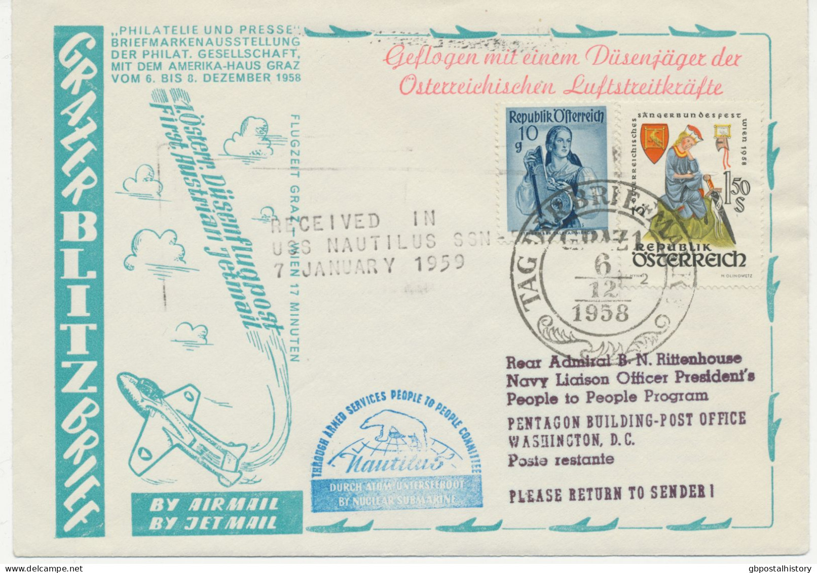 ÖSTERREICH 1958 1.Österreichische Düsenflugpost GRAZ-NAUTILUS Brief Mit SST (Interessentenpostamt) Graz 1. GRAZER BLITZ- - First Flight Covers