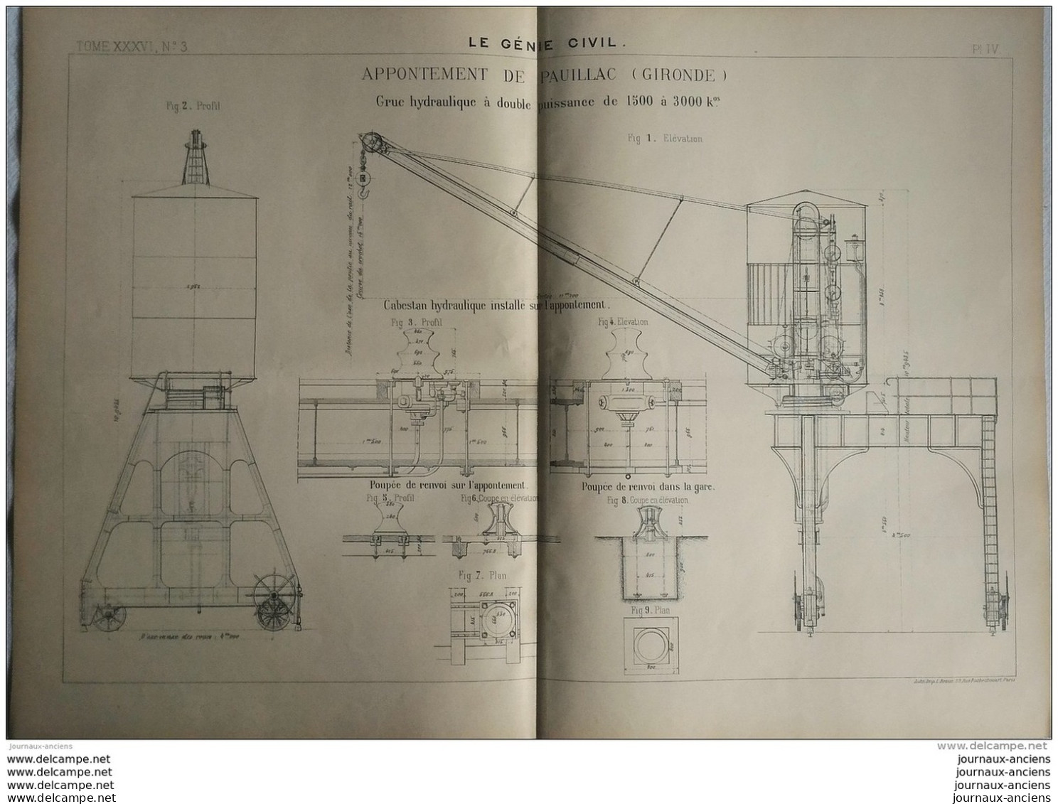 1899 APPONTEMENT DE PAUILLAC ( GIRONDE ) GRUE HYDRAULIQUE À DOUBLE PUISSANCE DE 1500 À 3000 KG - Opere Pubbliche