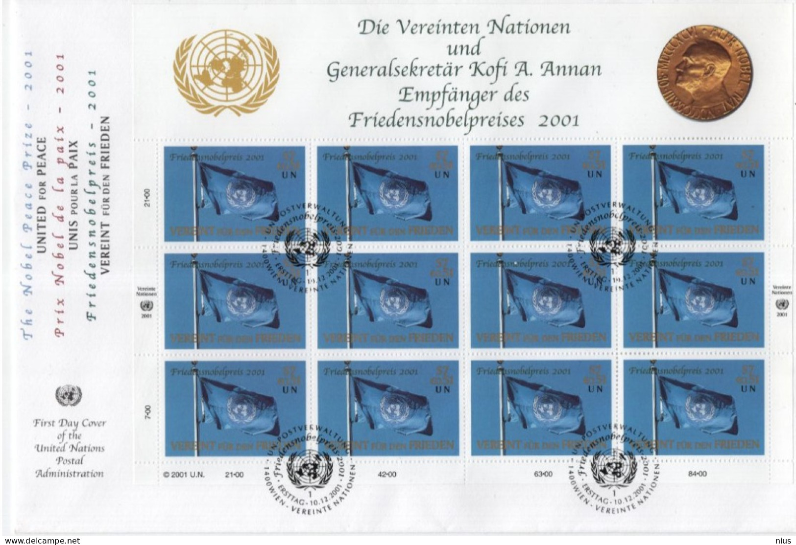 Vereinte Nationen United Nations Nations Unies UN 2001 FDC Kofi A. Annan Nobel Prize - Altri - Europa