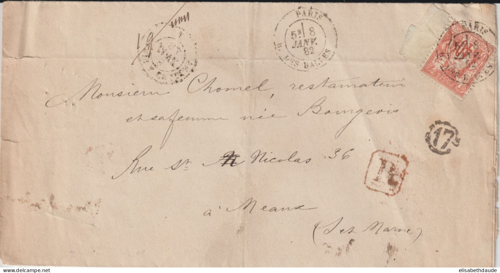 1882 - YVERT 70 AVEC BORD ! SAGE N/B / ENVELOPPE RECOMMANDEE De PARIS => MEAUX - 1876-1878 Sage (Type I)