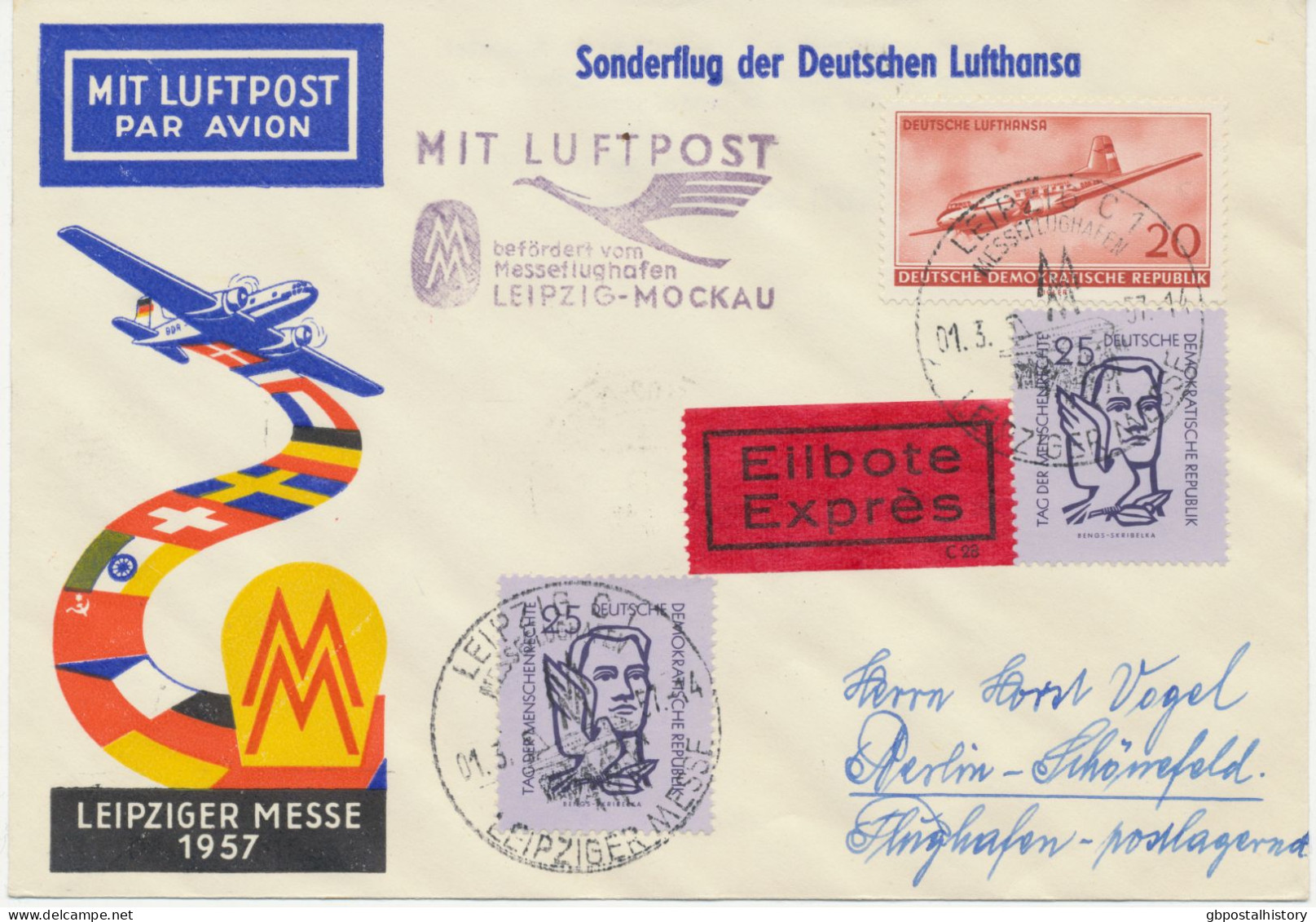 DDR 1957 Leipziger Frühjahrs-Messe Deutsche Lufthansa Ost Ersttag-Sonderflug „LEIPZIG - BERLIN“ Als Eilbote-/Expresss-Bf - Luchtpost