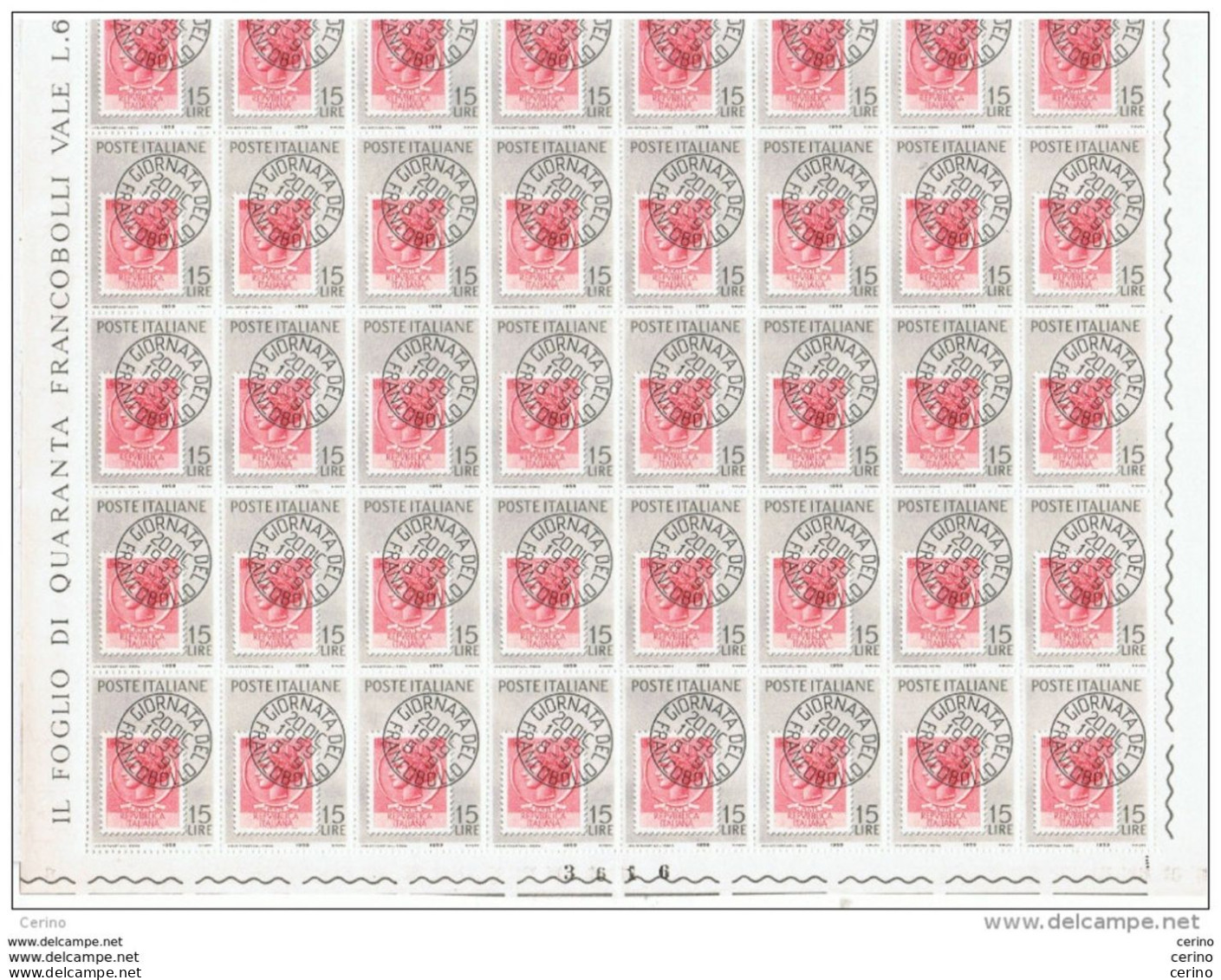 REPUBBLICA:  1959  GIORNATA  DEL  F.LLO  -  £. 15  GRIGIO  E  CARMINIO  FGL. 40  N. -  SASS. 879 - Complete Vellen