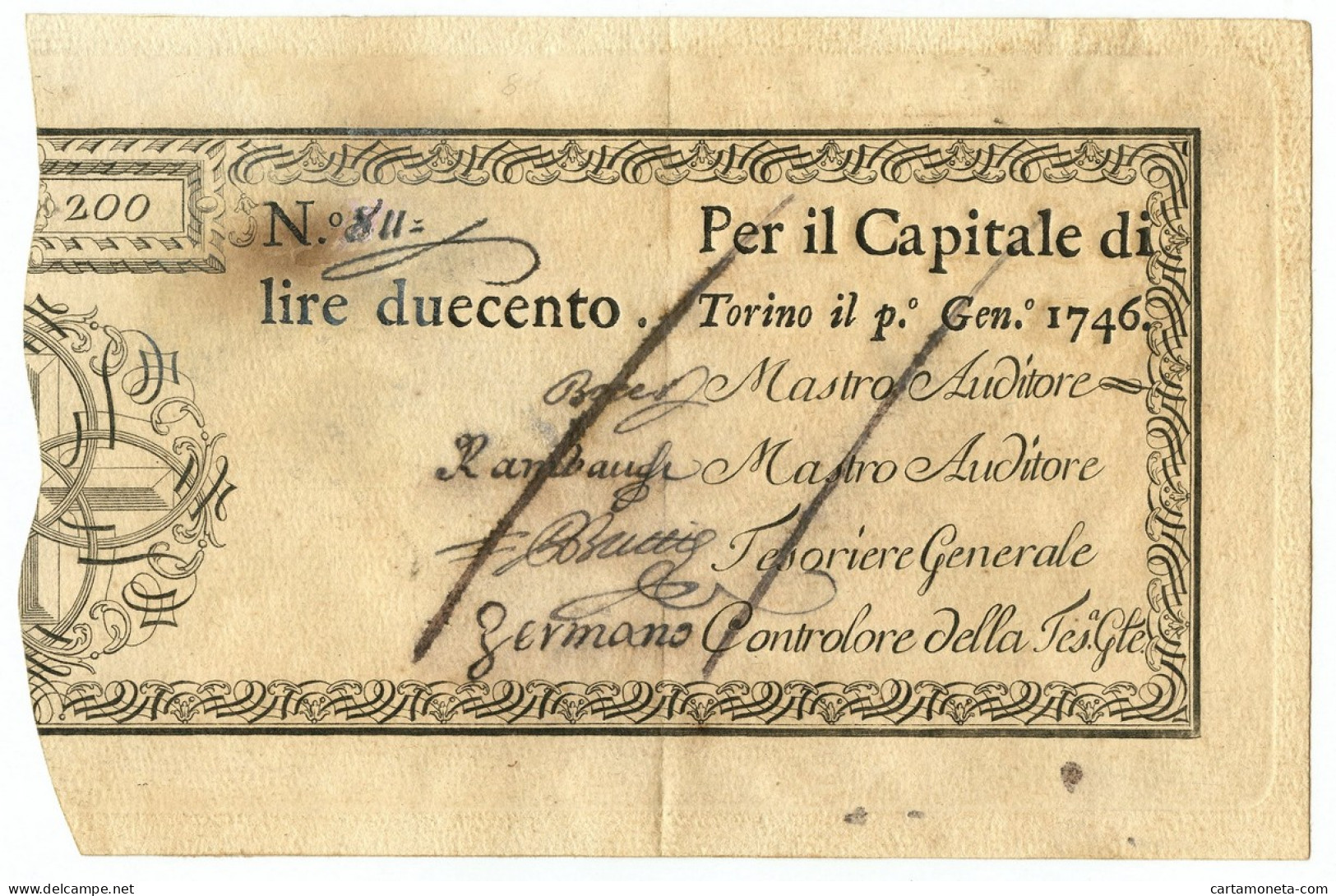 200 LIRE REGIE FINANZE TORINO REGNO DI SARDEGNA 01/01/1746 BB+ - Otros & Sin Clasificación