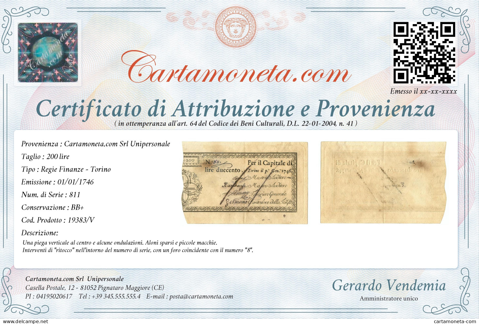 200 LIRE REGIE FINANZE TORINO REGNO DI SARDEGNA 01/01/1746 BB+ - Andere & Zonder Classificatie