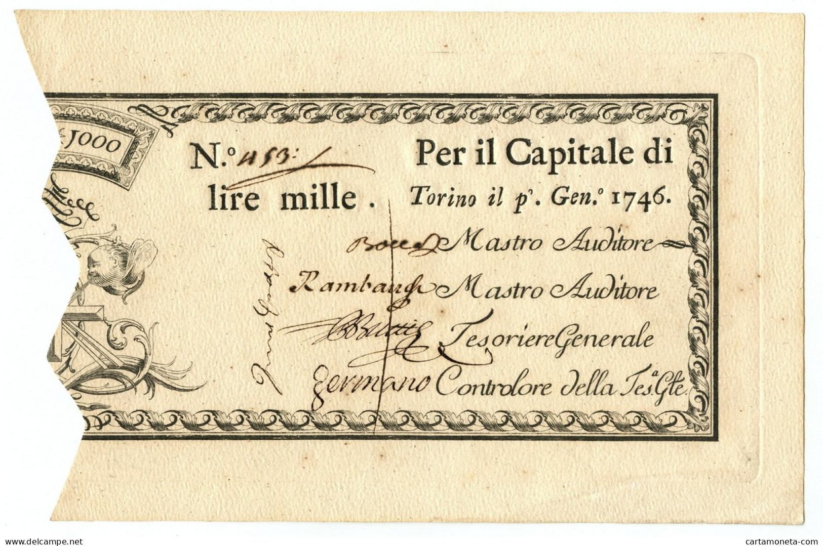 1000 LIRE REGIE FINANZE TORINO REGNO DI SARDEGNA 01/01/1746 SUP- - Autres & Non Classés