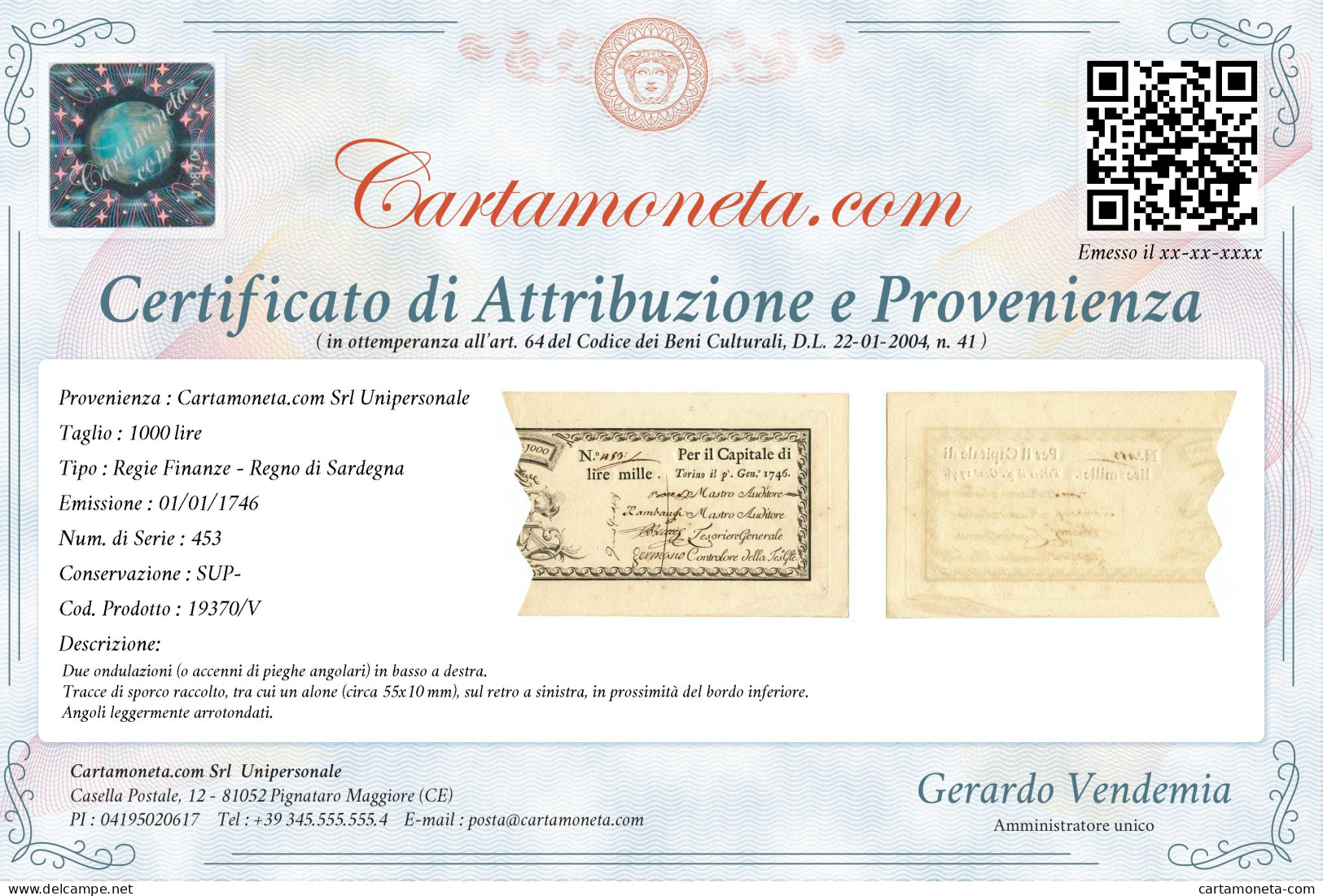 1000 LIRE REGIE FINANZE TORINO REGNO DI SARDEGNA 01/01/1746 SUP- - Autres & Non Classés