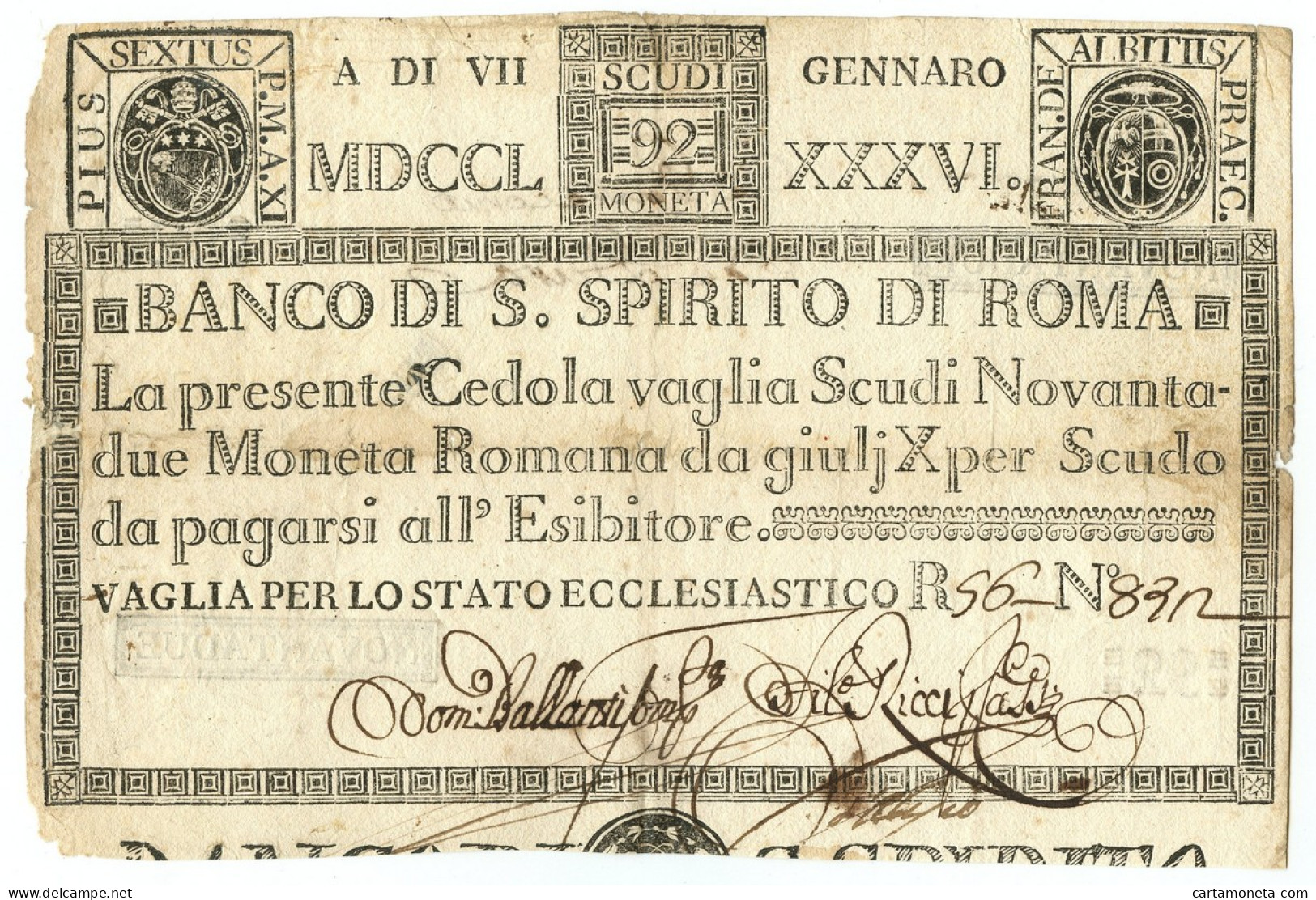 92 SCUDI CEDOLA BANCO DI SANTO SPIRITO DI ROMA 07/01/1786 MB/BB - Sonstige & Ohne Zuordnung