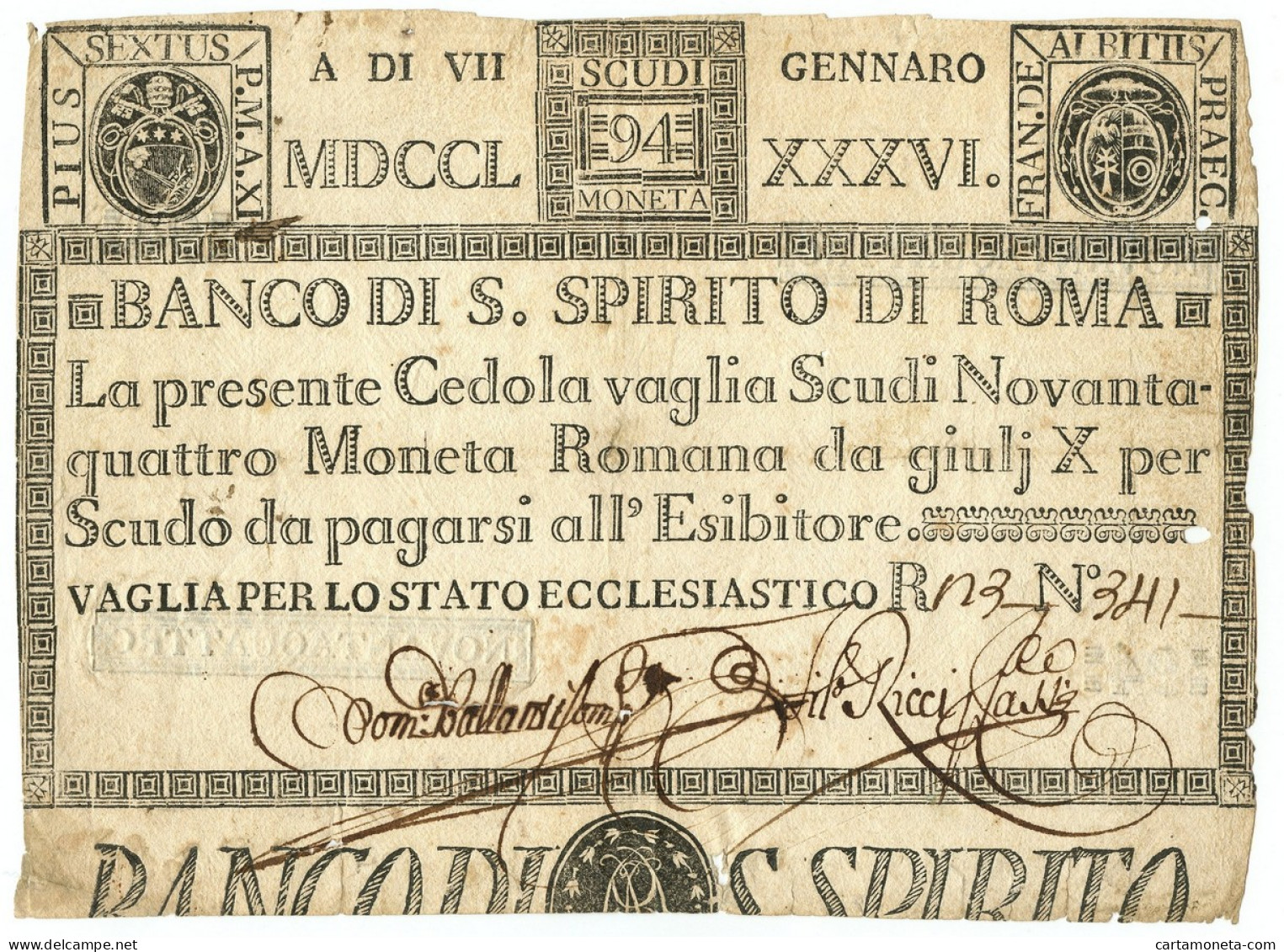 94 SCUDI CEDOLA BANCO DI SANTO SPIRITO DI ROMA 07/01/1786 MB+ - Andere & Zonder Classificatie