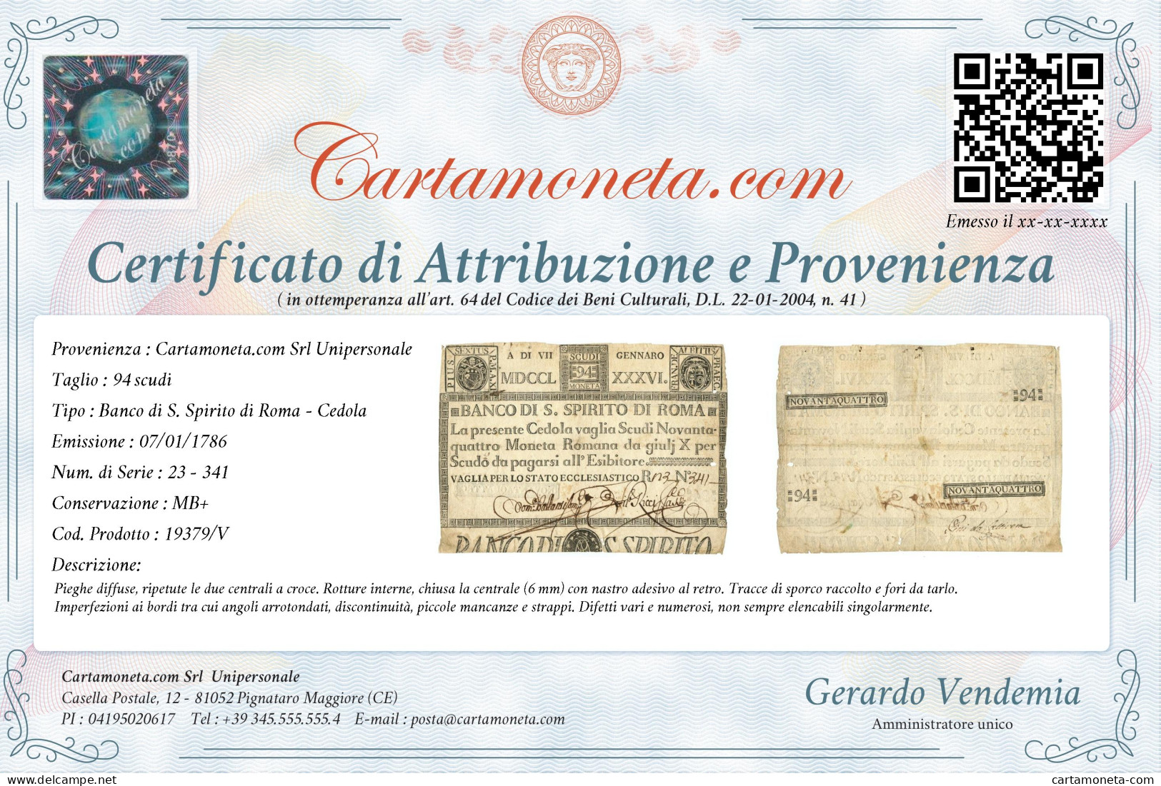 94 SCUDI CEDOLA BANCO DI SANTO SPIRITO DI ROMA 07/01/1786 MB+ - Other & Unclassified
