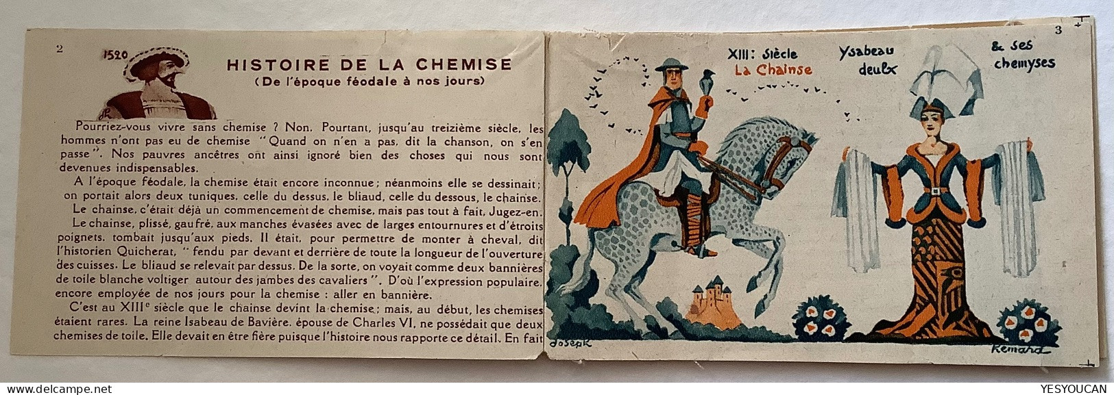 1929 #257 50c Jeanne d‘ Arc carnet histoire de la chemise, fromage vache qui rit, vin (France MH booklet shirt textile