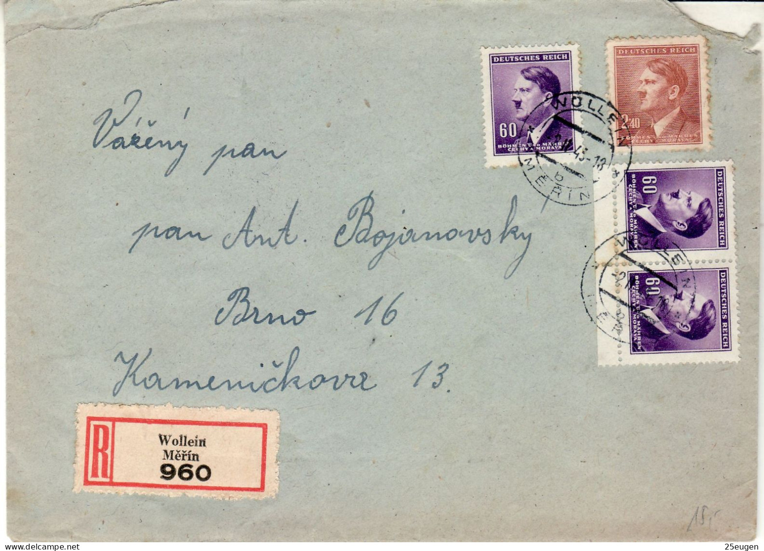 BOHEMIA & MORAVIA 1943 LETTER SENT FROM MERIN TO BRNO - Briefe U. Dokumente