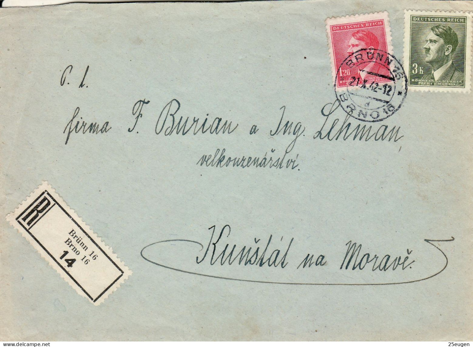 BOHEMIA & MORAVIA 1942 R - LETTER SENT FROM BRNO TO KUNSLAL - Briefe U. Dokumente