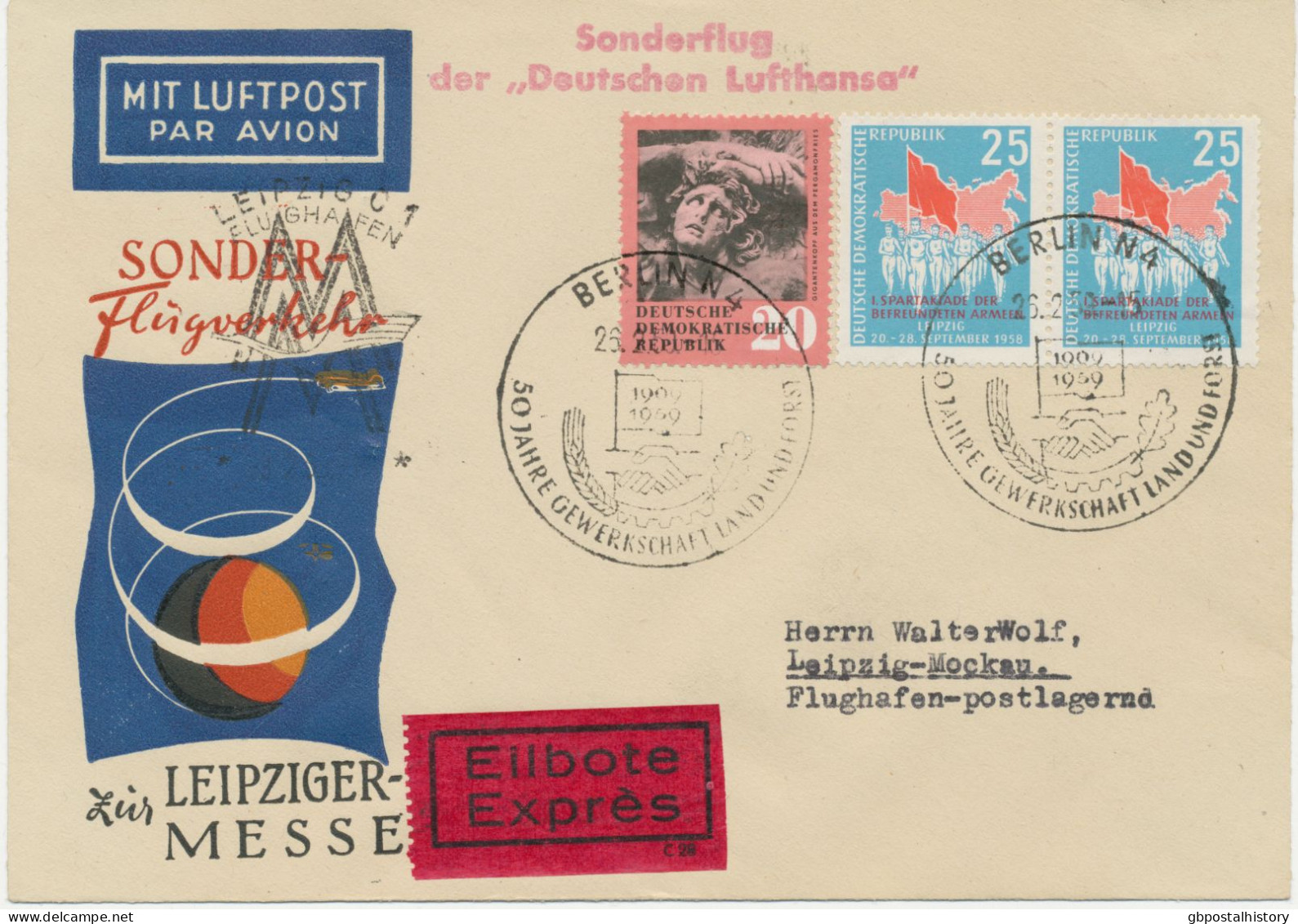 DDR 1959, Leipziger Frühjahrs-Messe Deutsche Lufthansa Ost Sonderflug „BERLIN – LEIPZIG“ Als Eilbote-/Express-Lupo-Bf - Correo Aéreo