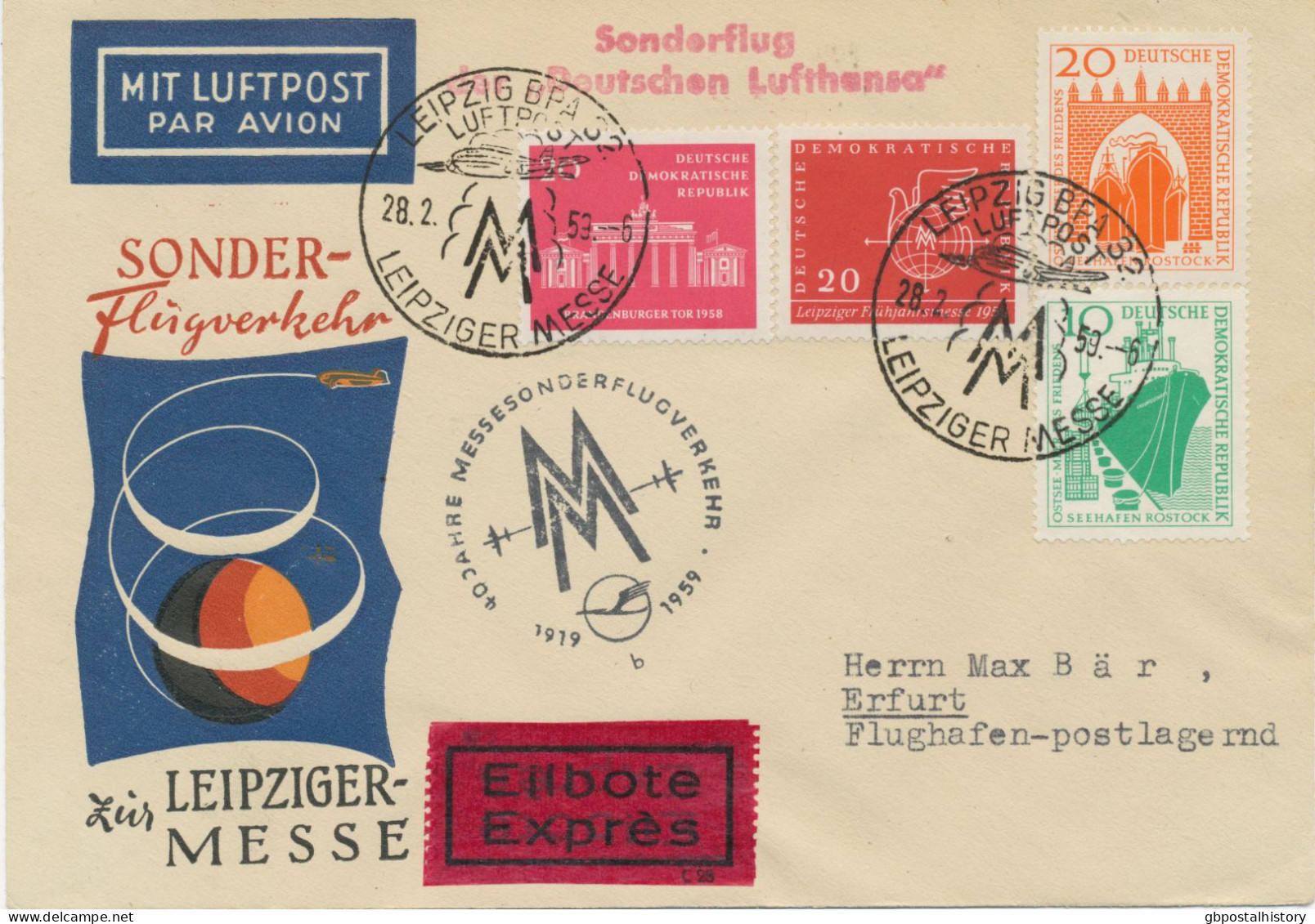 DDR 27.2.1959, Leipziger Frühjahrs-Messe Deutsche Lufthansa Ost Sonderflug „LEIPZIG – ERFURT“ Als Eilbote-/Express-Lupo- - Luftpost