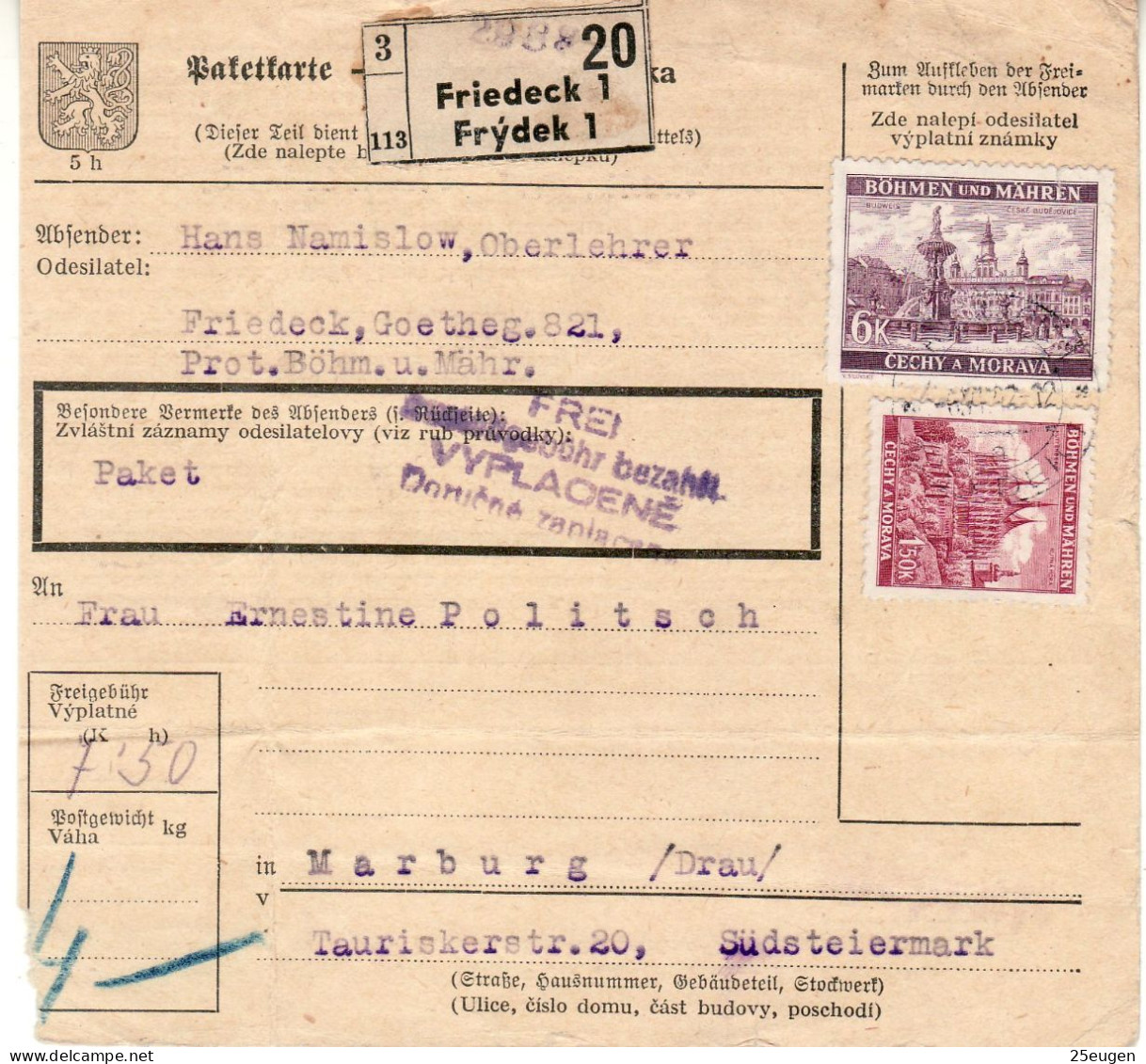 BOHEMIA & MORAVIA 1942 PRINT SENT FROM FRYDEK TO MARBURG - Briefe U. Dokumente