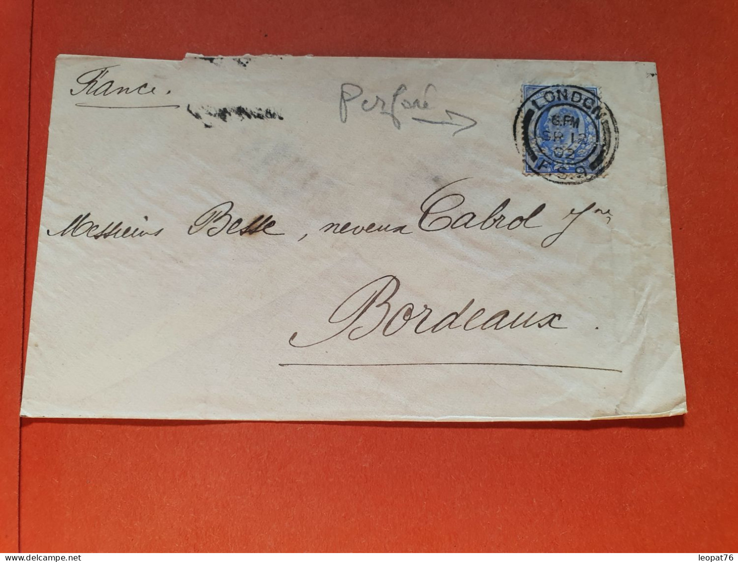 GB - Perforé Sur Enveloppe Commerciale De Londres Pour Bordeaux En 1902 - Réf 2277 - Perforés