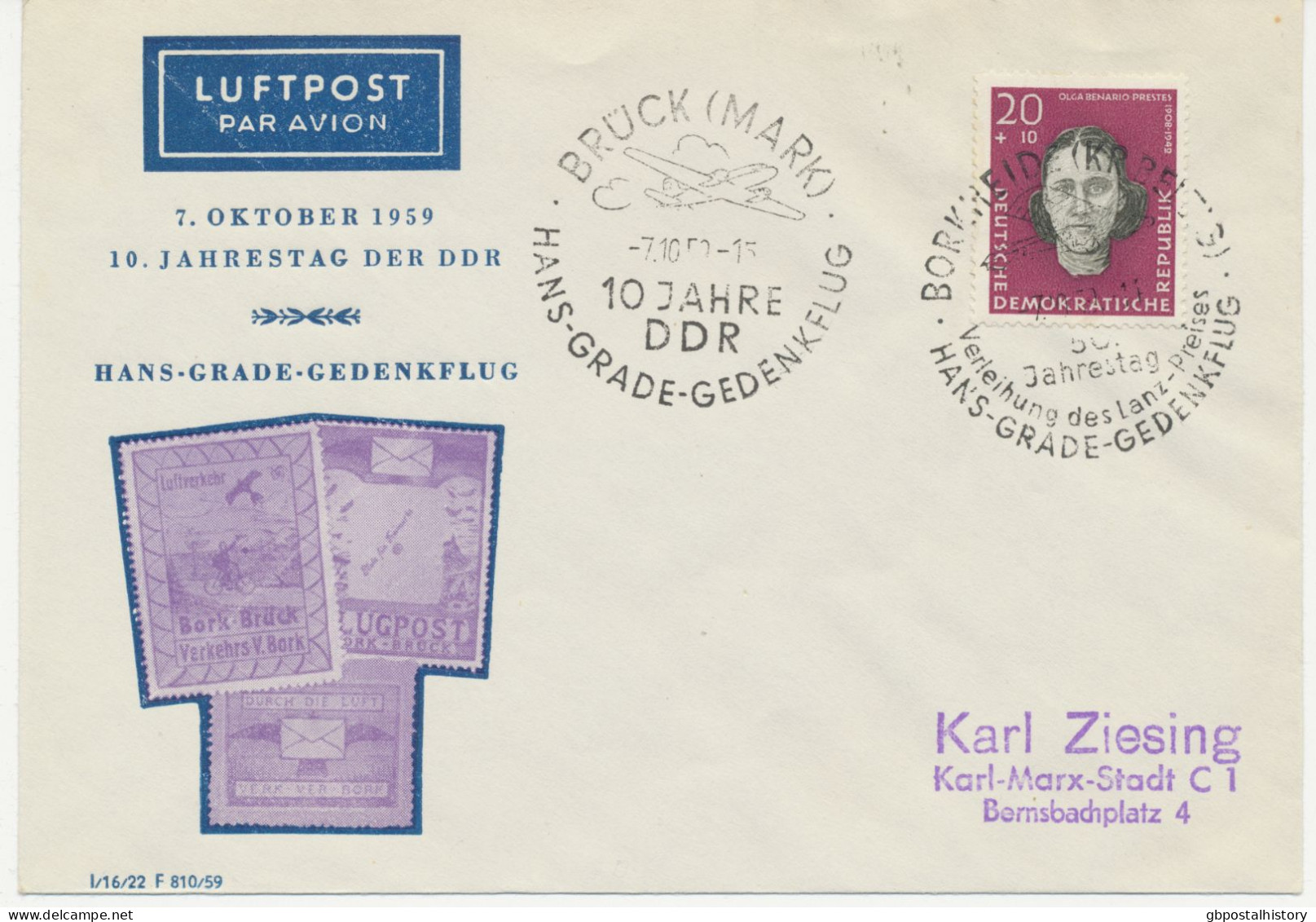 DDR 7.10.1959, Hans-Grade-Gedenkflug Mit Deutsche Lufthansa Ost „BORKHEIDE – BRÜCK“ (HLII/54) - Poste Aérienne