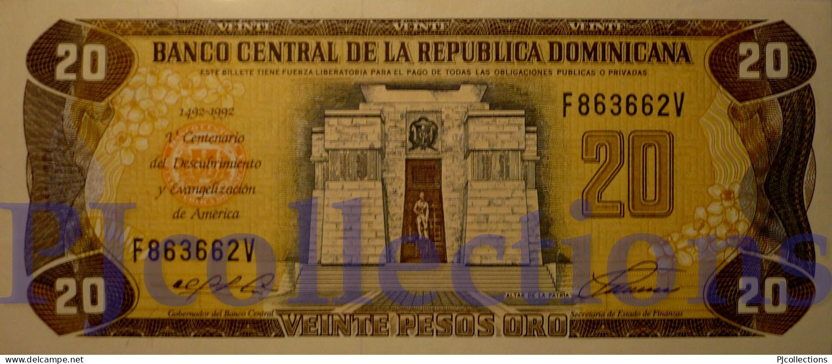 DOMINICAN REPUBLIC 20 PESOS ORO 1992 PICK 139a AU - Dominicana