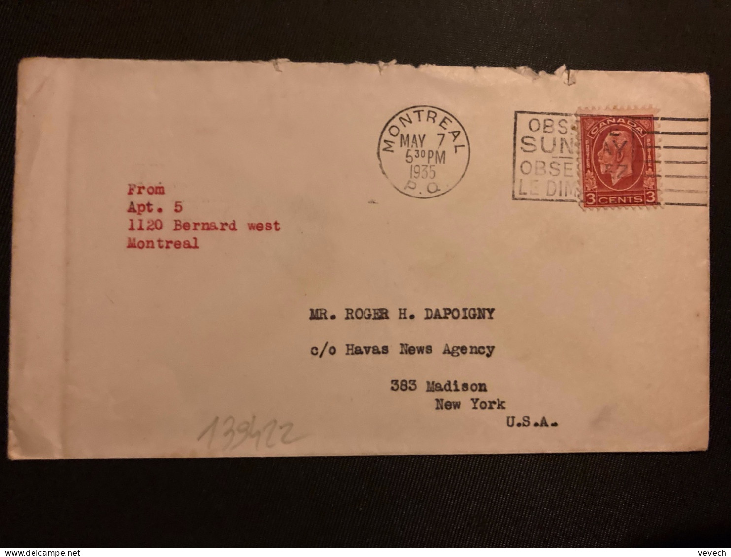 LETTRE Pour USA TP 3c OBL.MEC. MAY 7 1935 MONTREAL - Briefe U. Dokumente