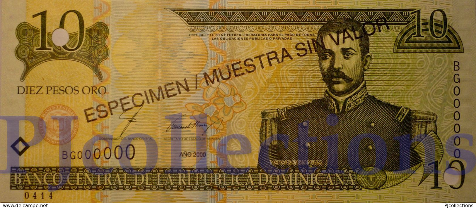 DOMINICAN REPUBLIC 10 PESOS ORO 2000 PICK 159s SPECIMEN UNC NUMBER "0414" - Dominicana