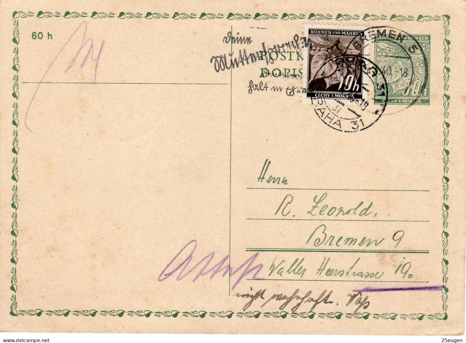 BOHEMIA & MORAVIA 1940 POSTCARD WITH POSTMARK - Briefe U. Dokumente