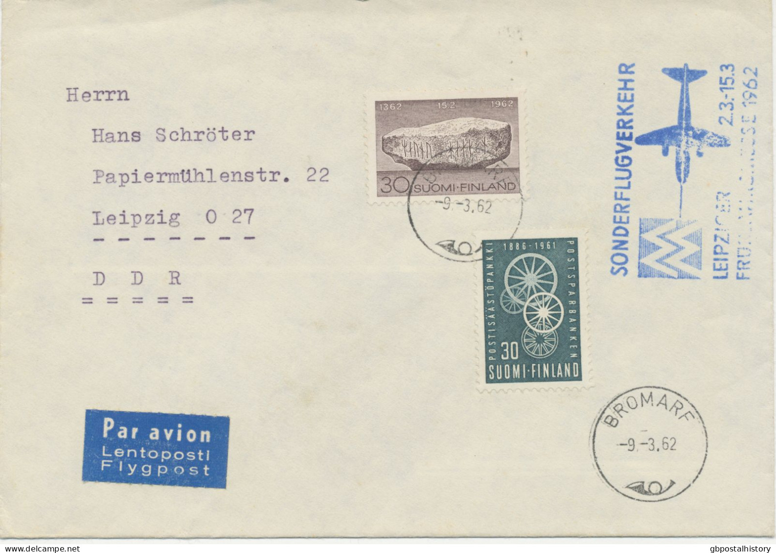 FINNLAND 9.3.1962, Leipziger Frühjahrs-Messe INTERFLUG Sonderflug „HELSINKI – LEIPZIG“ (HLIII/35) - Storia Postale