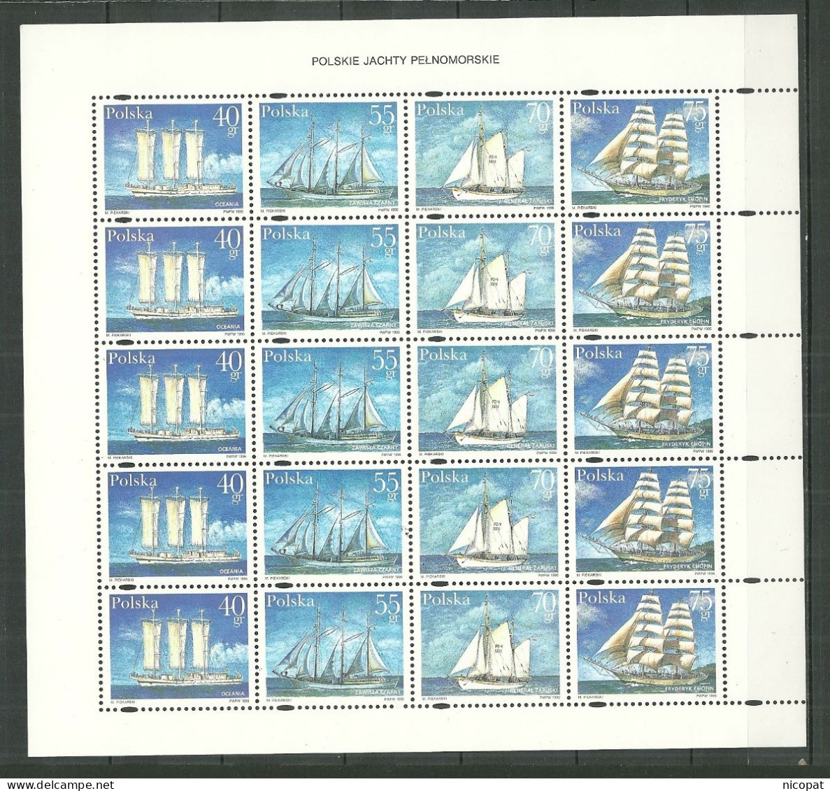 POLAND MNH ** 3366-3369 En Feuille Dentelé à Droite Uniquement VOILIER VOILIERS FREDERIC CHOPIN.BATEAU BATEAUX - Feuilles Complètes