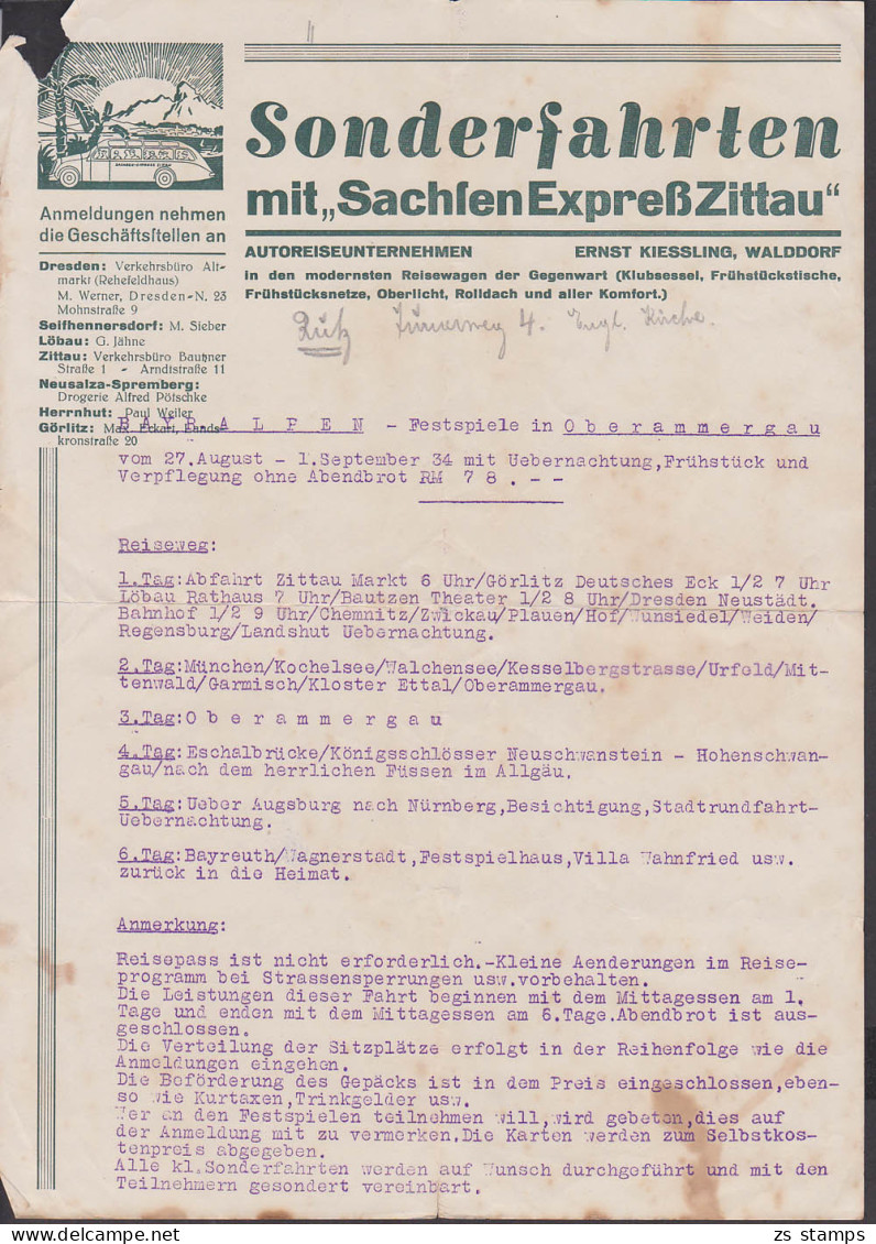 Zittau Walddorf Sachsenexpress Sonderfahrt Nach Oberammergau, Reiseprogramm 1934 Für 78,- RM - Europa