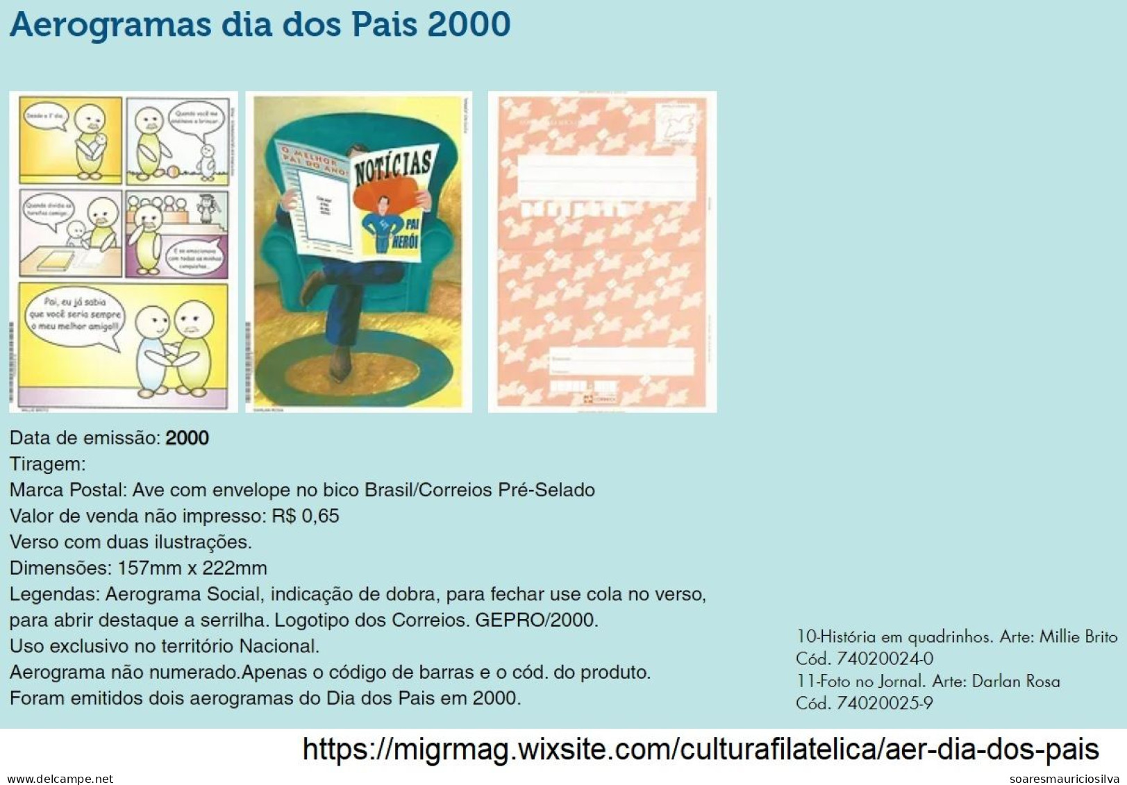 Brazil 2000 Complete Series 2 Father's Day Postal Stationery Social Aerogram Comic Strip & Photo In The Newspaper Unused - Entiers Postaux