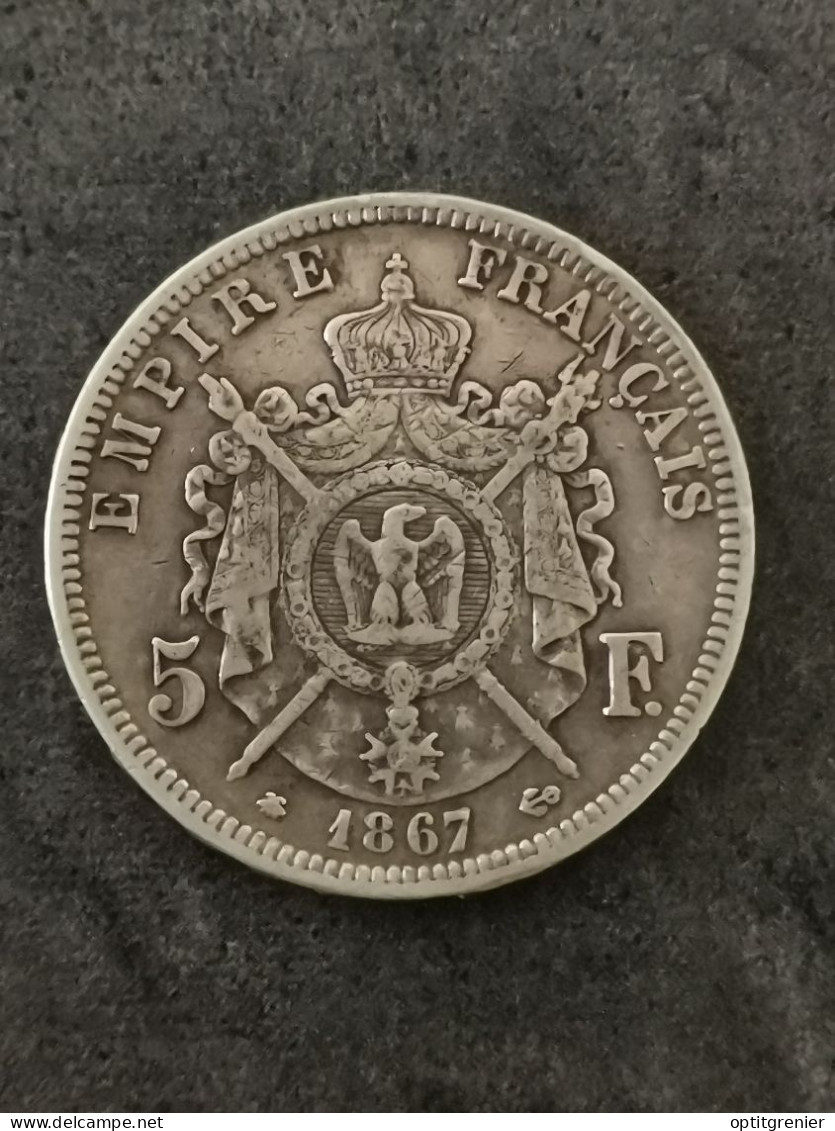 5 FRANCS ARGENT 1867 A PARIS NAPOLEON III TETE LAUREE / FRANCE SILVER - 5 Francs