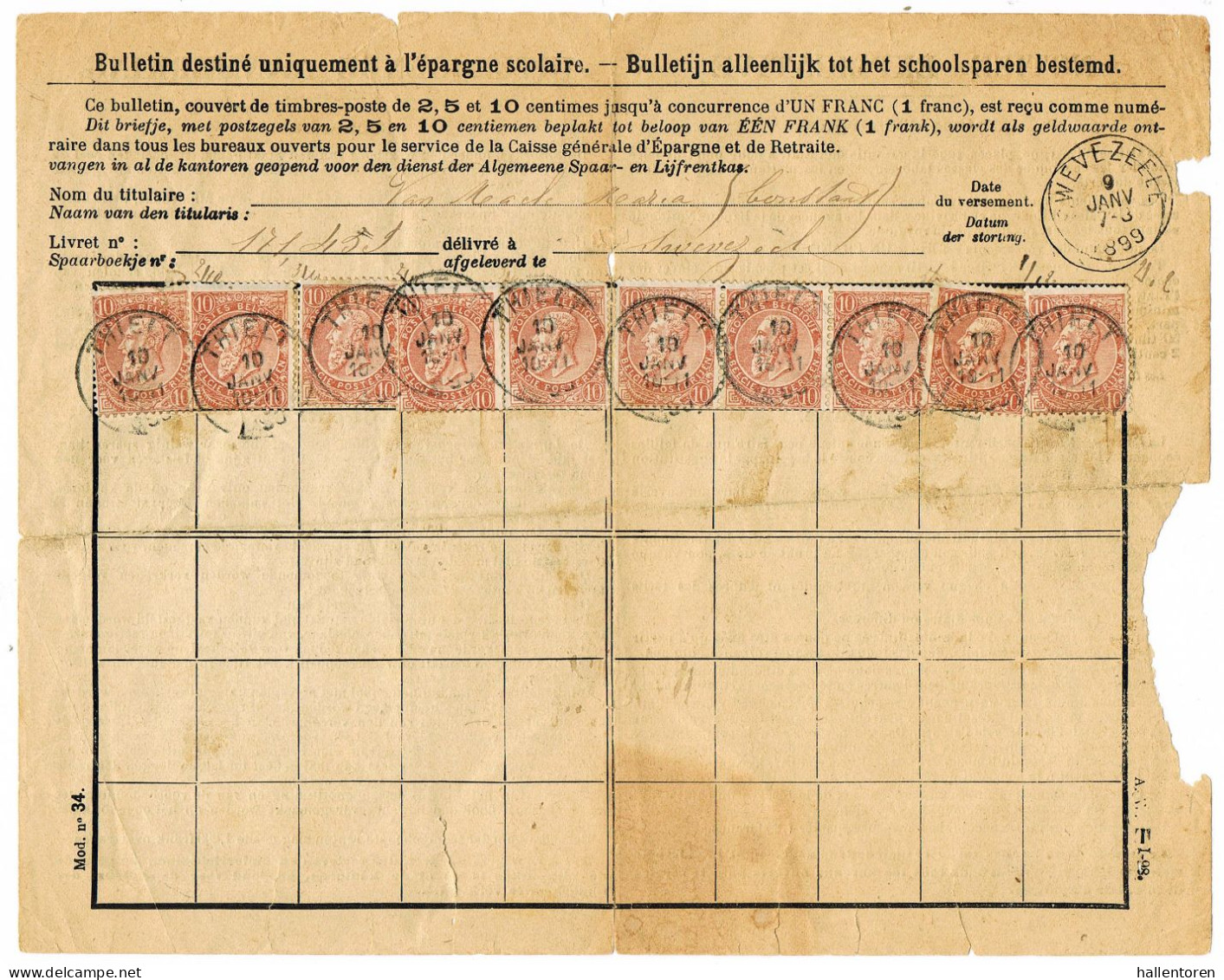 Zwevezele : Bulletijn Alleenlijk Tot Het Schoolsparen Bestemd' , 1899 - Bank & Insurance