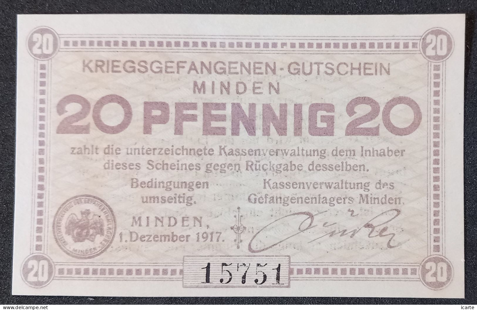 Billet 20 Pf LAGERGELD MONNAIE DE CAMP PRISONNIER DE GUERRE Kriegsgefangenenlager MINDEN 1917 - Sonstige & Ohne Zuordnung