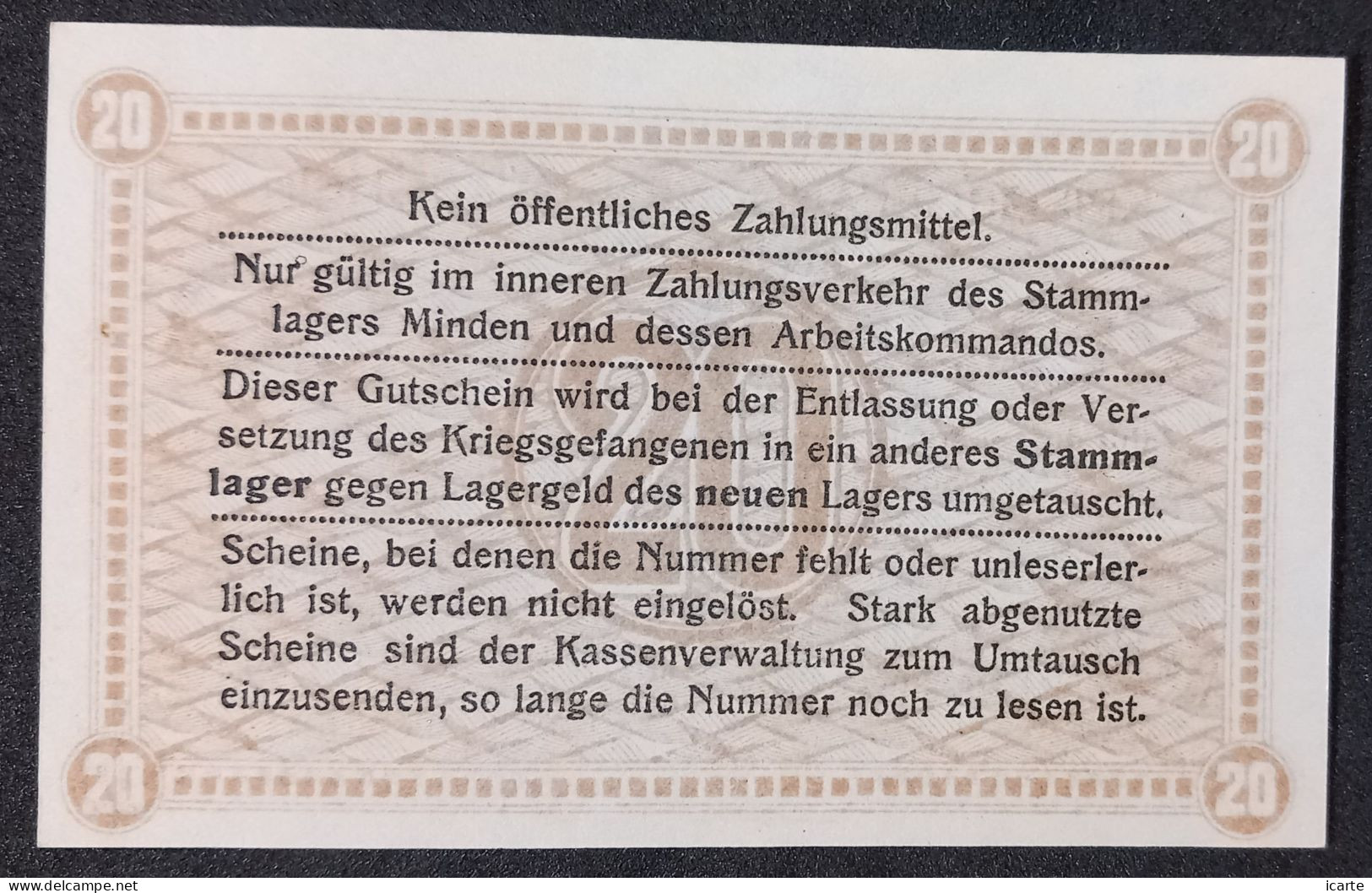 Billet 20 Pf LAGERGELD MONNAIE DE CAMP PRISONNIER DE GUERRE Kriegsgefangenenlager MINDEN 1917 - Other & Unclassified