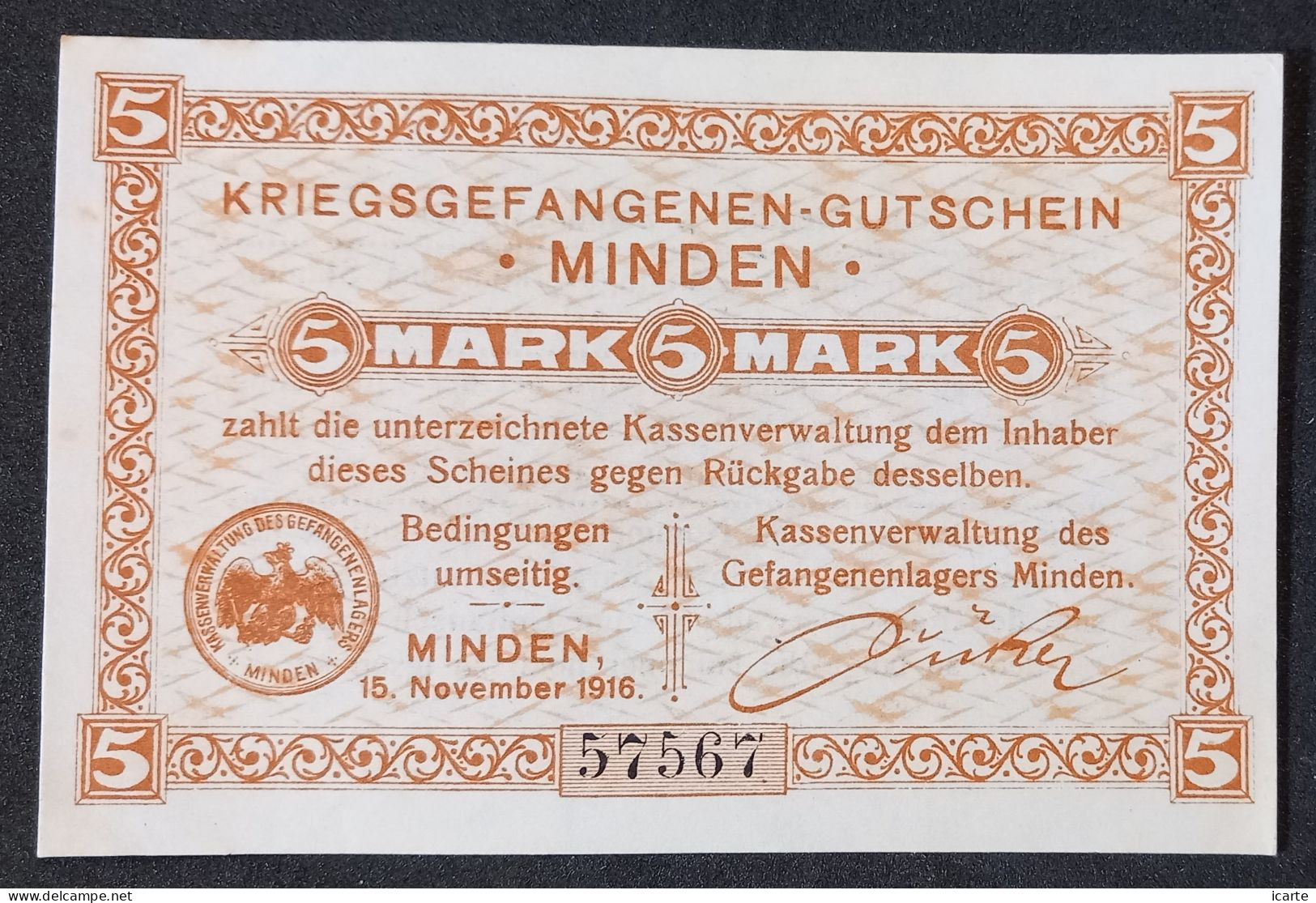 Billet 5 RM LAGERGELD MONNAIE DE CAMP PRISONNIER DE GUERRE Kriegsgefangenenlager MINDEN 1916 - Autres & Non Classés