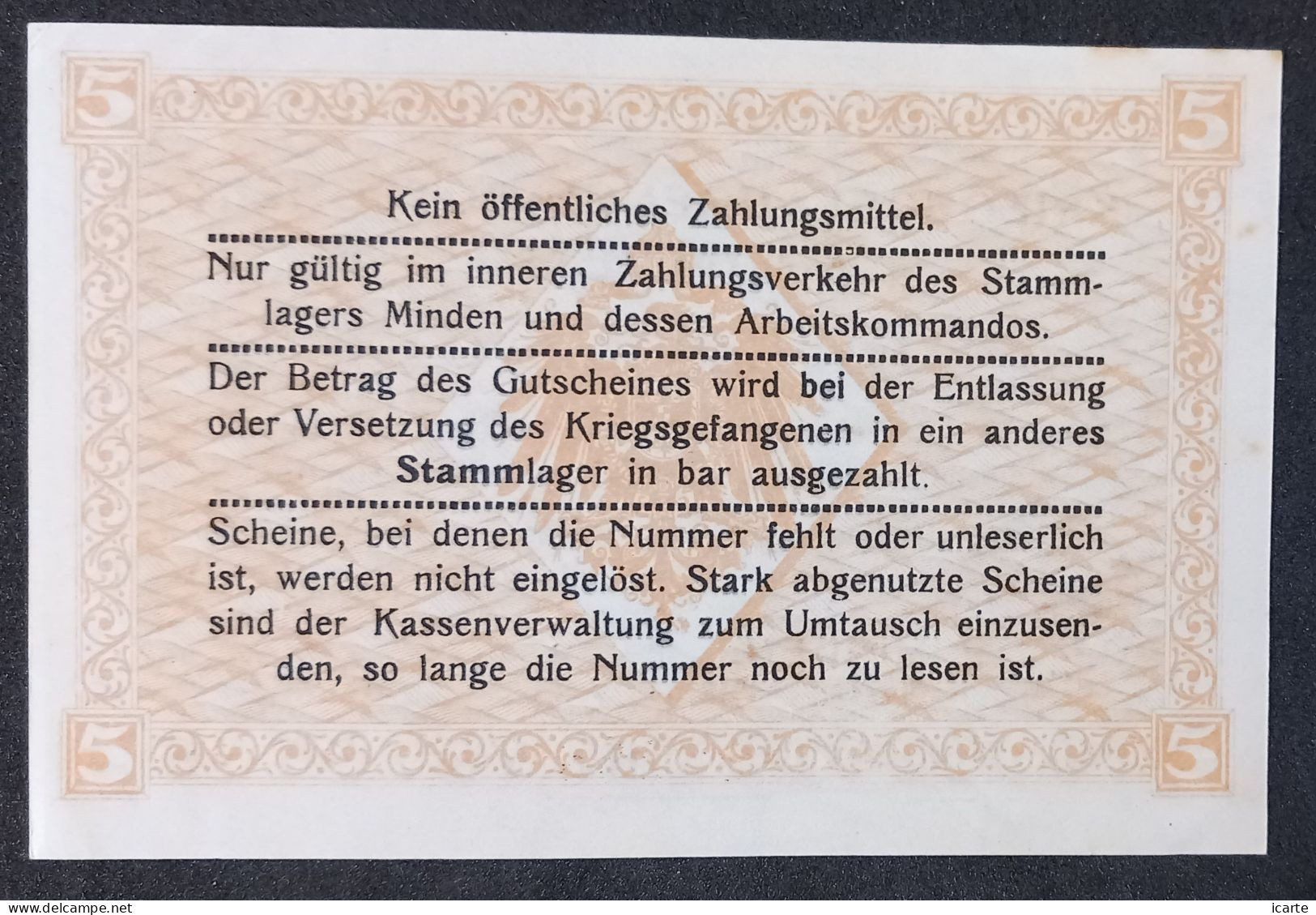 Billet 5 RM LAGERGELD MONNAIE DE CAMP PRISONNIER DE GUERRE Kriegsgefangenenlager MINDEN 1916 - Andere & Zonder Classificatie