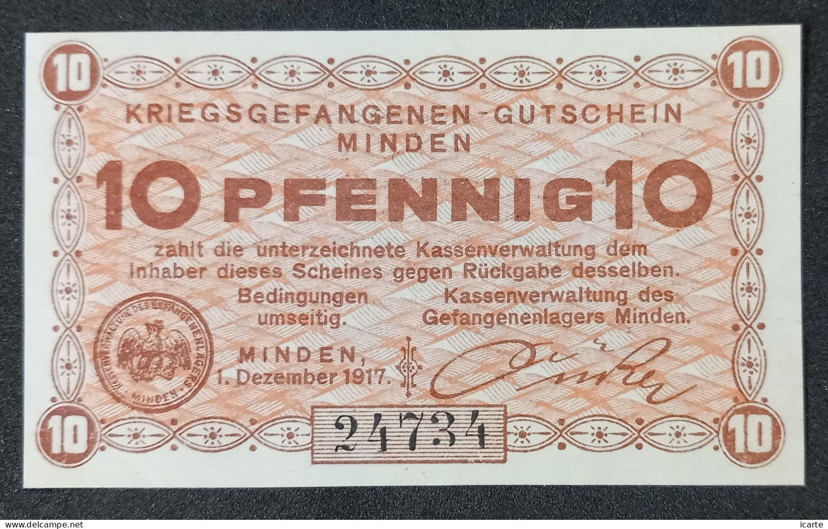 Billet 10 Pf LAGERGELD MONNAIE DE CAMP PRISONNIER DE GUERRE Kriegsgefangenenlager MINDEN 1917 - Andere & Zonder Classificatie