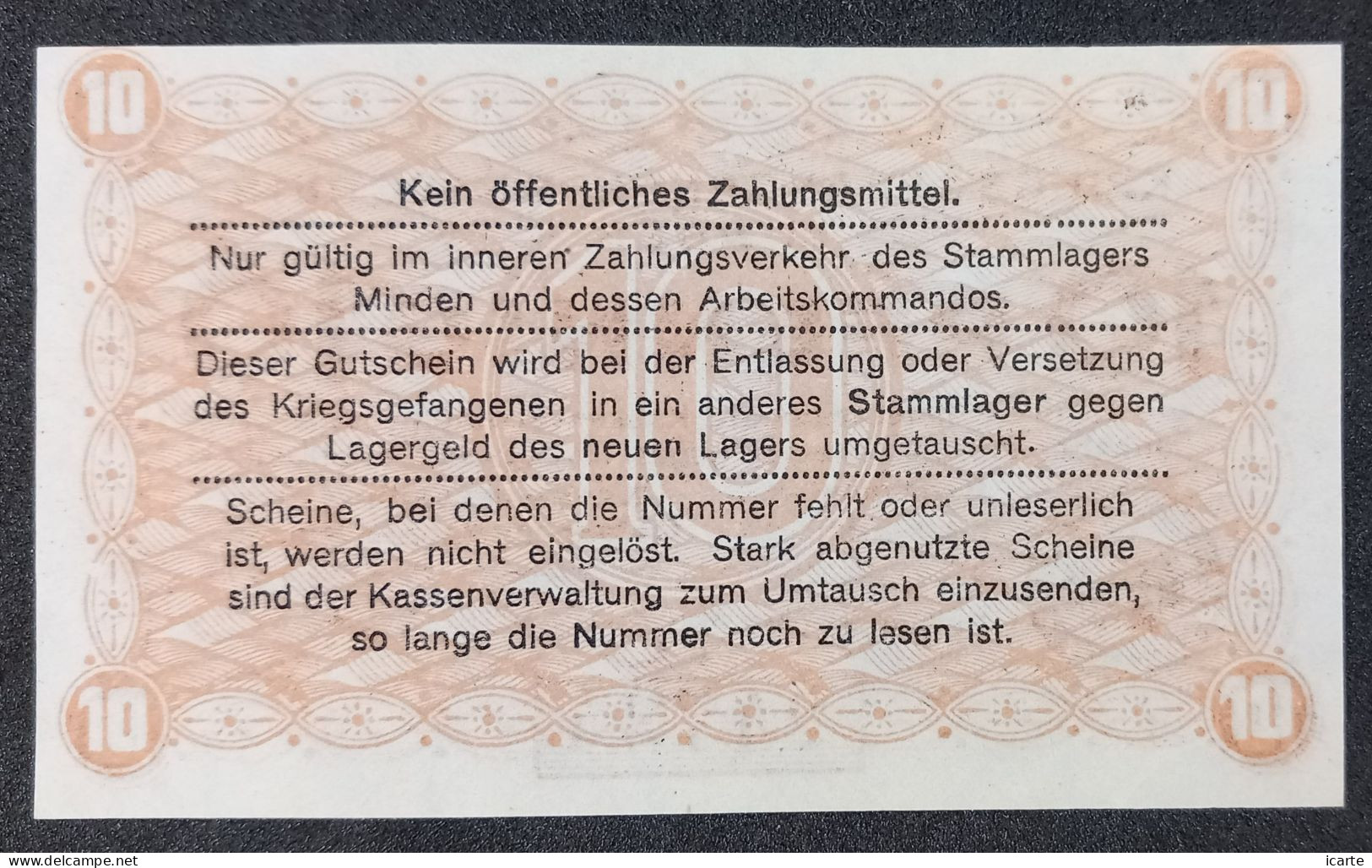 Billet 10 Pf LAGERGELD MONNAIE DE CAMP PRISONNIER DE GUERRE Kriegsgefangenenlager MINDEN 1917 - Sonstige & Ohne Zuordnung