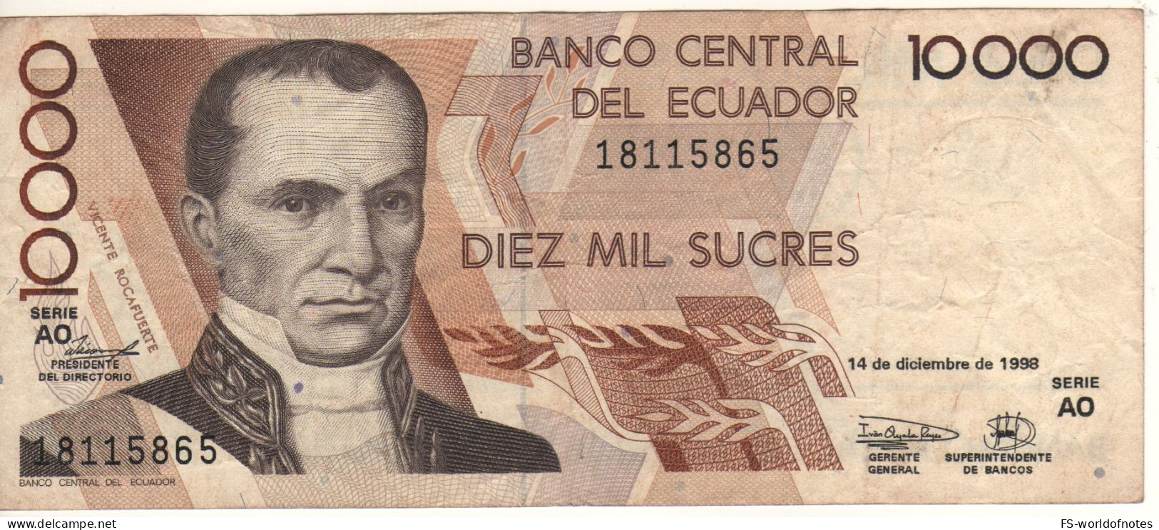 Ecuador 10'000  Sucres  P127e   Dated 14.12.1998   ( Vicente Rocafuerte +  Independence Monument, Quito At Back ) - Equateur