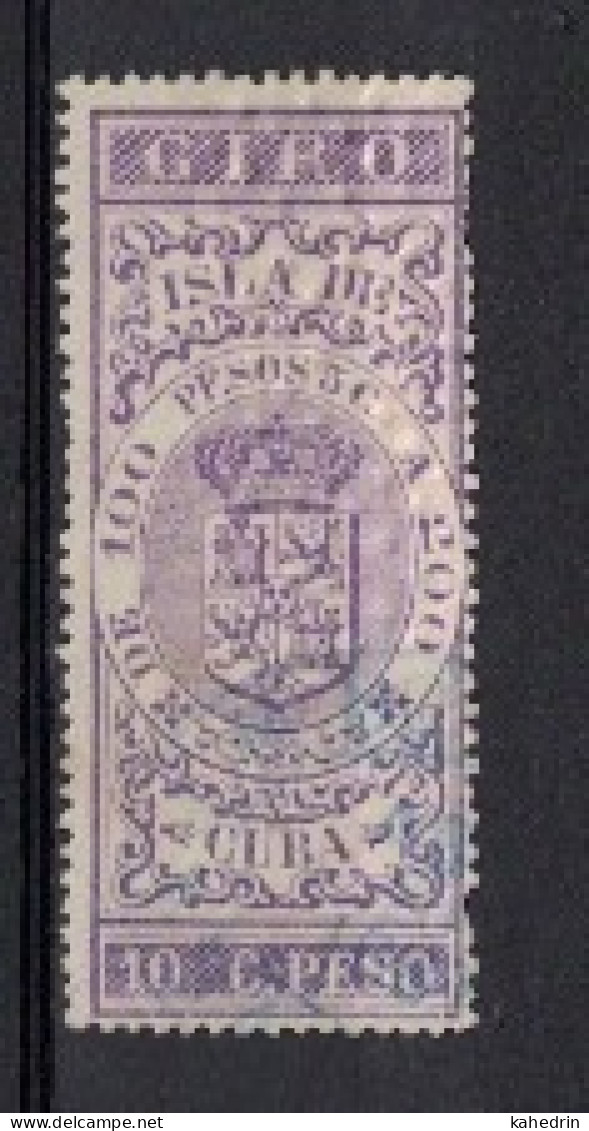 España / Spain, Isla De Cuba ~ 1885, Revenue Postal Tax Fiscal, Coat Of Arms, Giro, 10 C. Peso, Purple - Cuba (1874-1898)