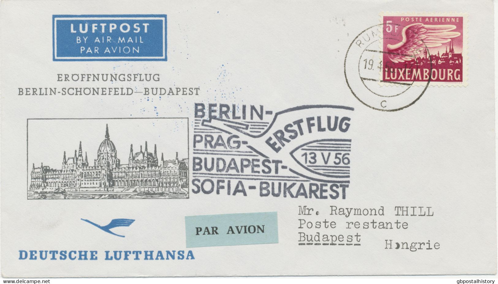 LUXEMBURG 13.5.1956, Deutsche Lufthansa Ost Erstflug „BERLIN-SCHÖNEFELD – BUDAPEST“ Selt. Mitläuferpost Aus Luxemburg - Lettres & Documents