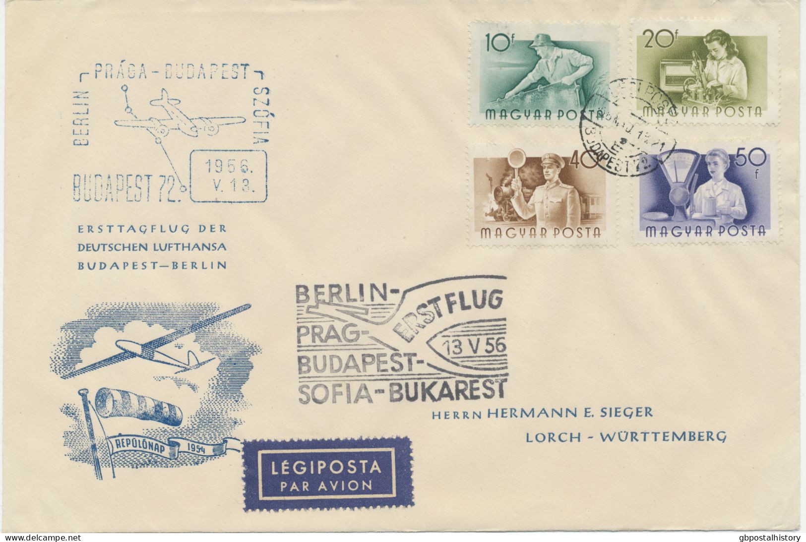 UNGARN 13.5.1956, Deutsche Lufthansa Ost Erstflug „BUDAPEST – BERLIN-SCHÖNEFELD“ (Hab.2524) - Lettres & Documents