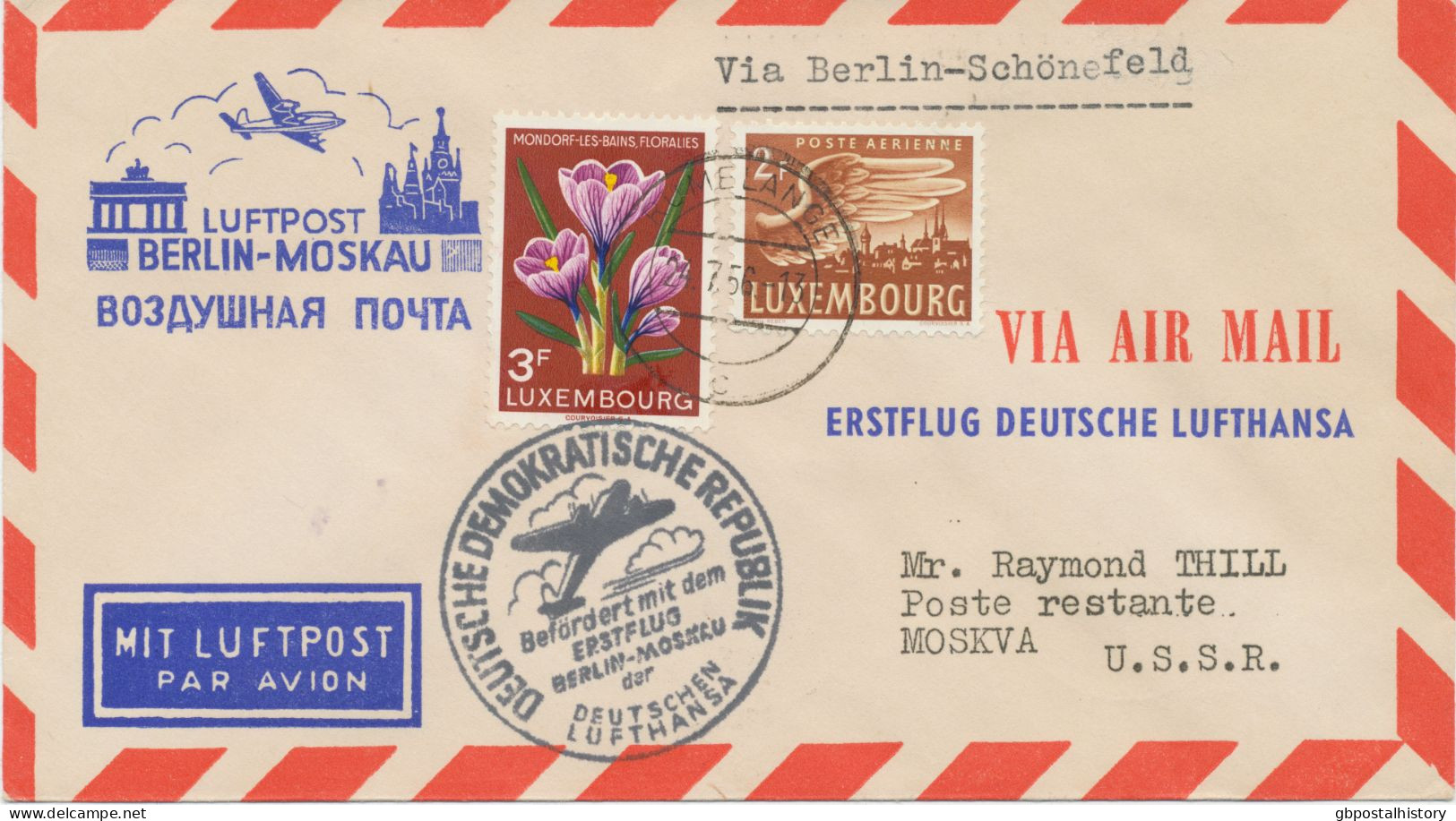 LUXEMBURG 4.10.1956, Deutsche Lufthansa Ost Erstflug „BERLIN – MOSKAU“ Selt. Mitläuferpost Aus LUXEMBURG - Lettres & Documents