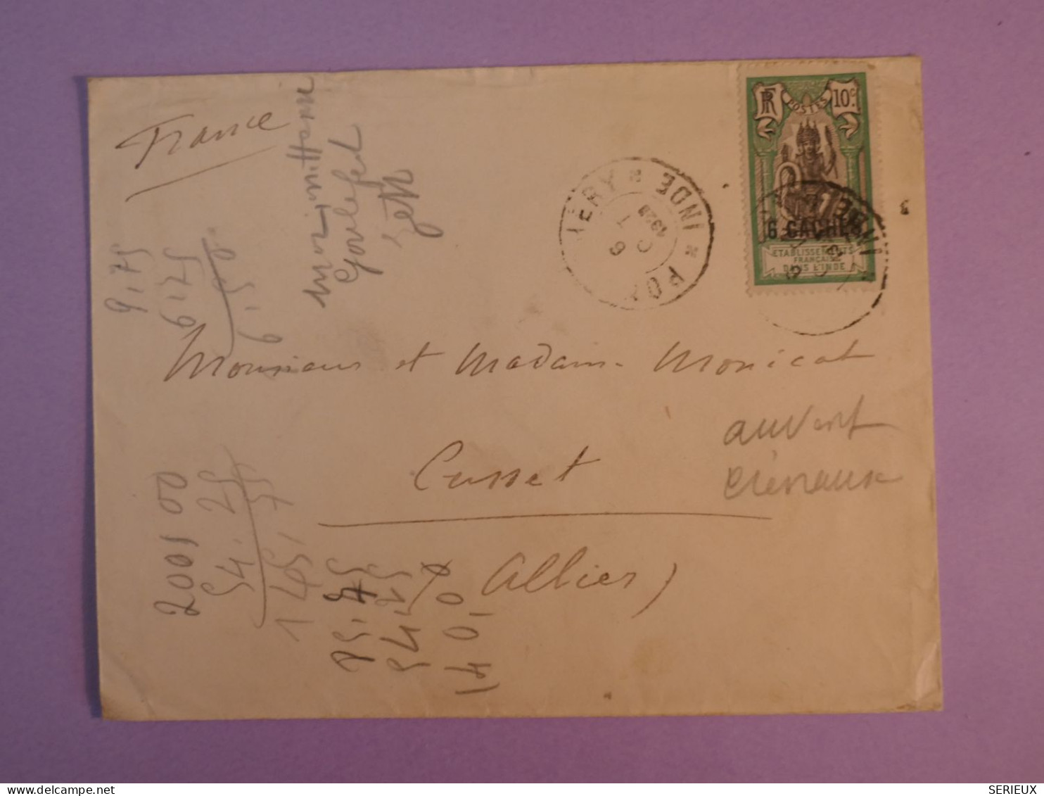 C.   ET. FRANC. EN INDE   BELLE LETTRE RR   1923   PONDICHERY A CUSSET  FRANCE     +AFF.INTERESSANT  + - Cartas & Documentos