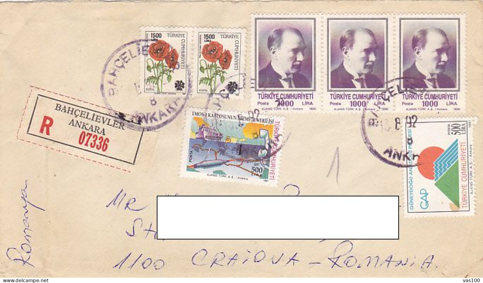 POPPY FLOWERS, KEMAL ATATURK, EMOS-1 CABLE SYSTEM, POWER PLANT, IRRIGATION, STAMPS ON REGISTERED COVER, 1992, TURKEY - Briefe U. Dokumente