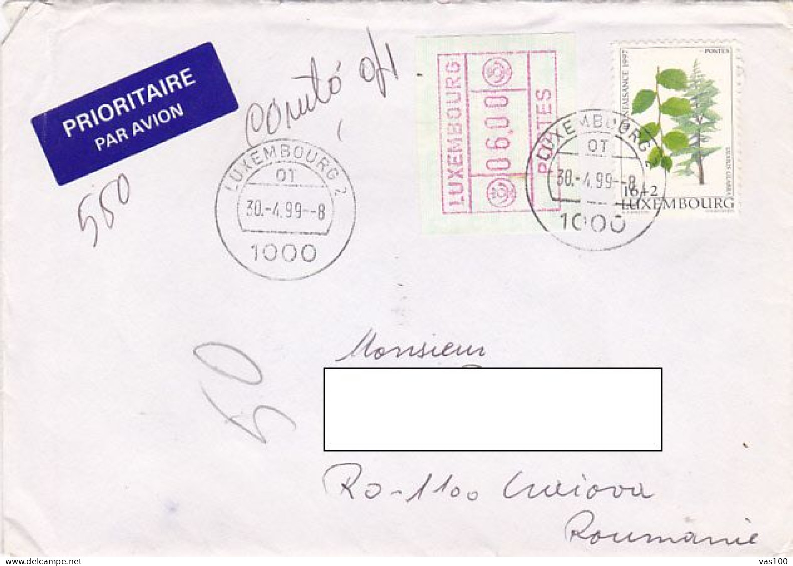 WYCH ELM TREE, AMOUNT 6 RED MACHINE PRINTED STAMPS ON COVER, 1999, LUXEMBOURG - Covers & Documents