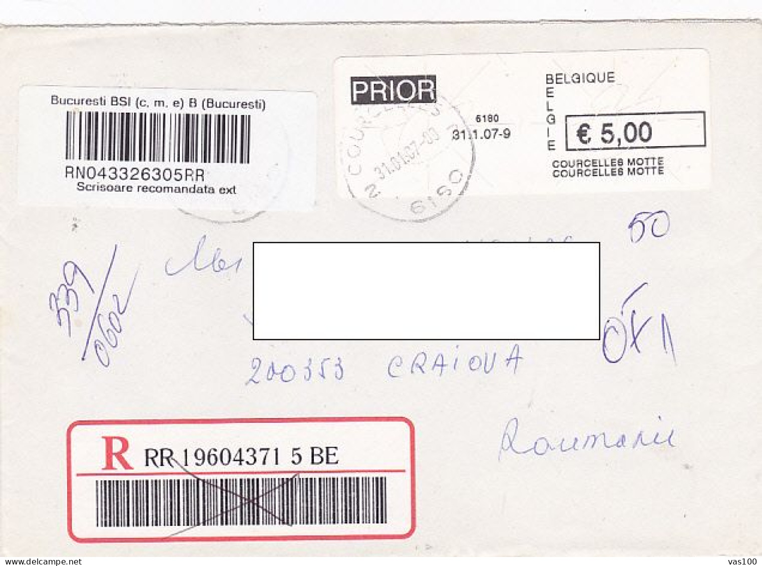 AMOUNT 5.00 MACHINE PRINTED STICKER STAMP ON REGISTERED COVER, 2007, BELGIUM - Covers & Documents