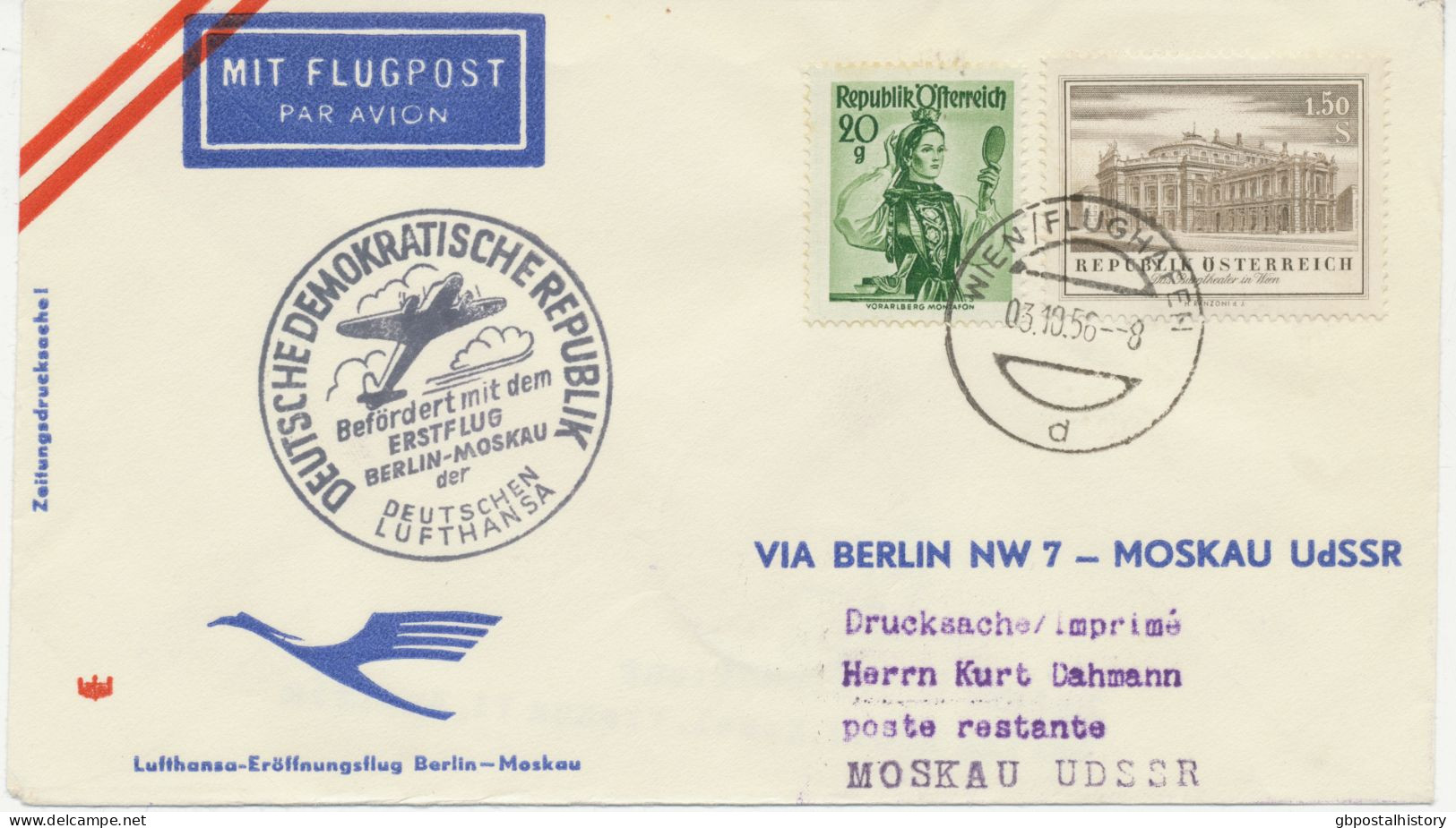 ÖSTERREICH 4.10.1956, Deutsche Lufthansa Ost Erstflug „BERLIN – MOSKAU“ Selt. Mitläuferpost Aus ÖSTERREICH (Hab.2530MLÖ) - First Flight Covers