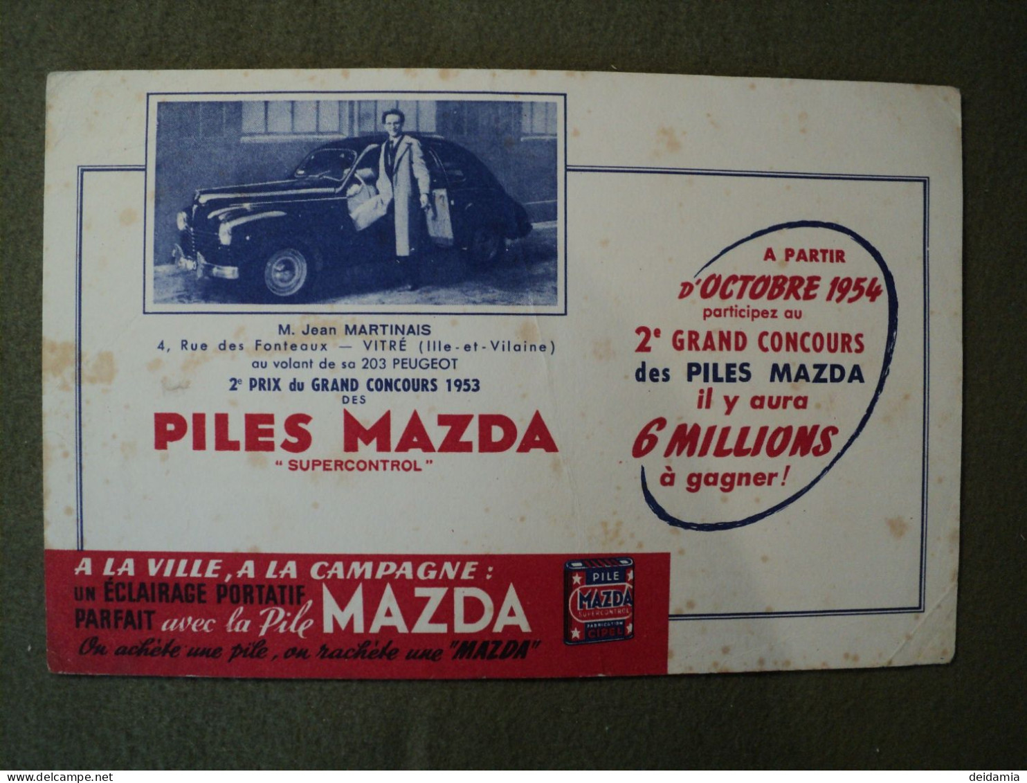 BUVARD PILES MAZDA. 1953. MR JEAN MARTINAIS AU VOLANT DE SA 203 PEUGEOT JEAN MARTINAIS AU 4 RUE DES FONTEAUX A VITRE EN - Accumulators